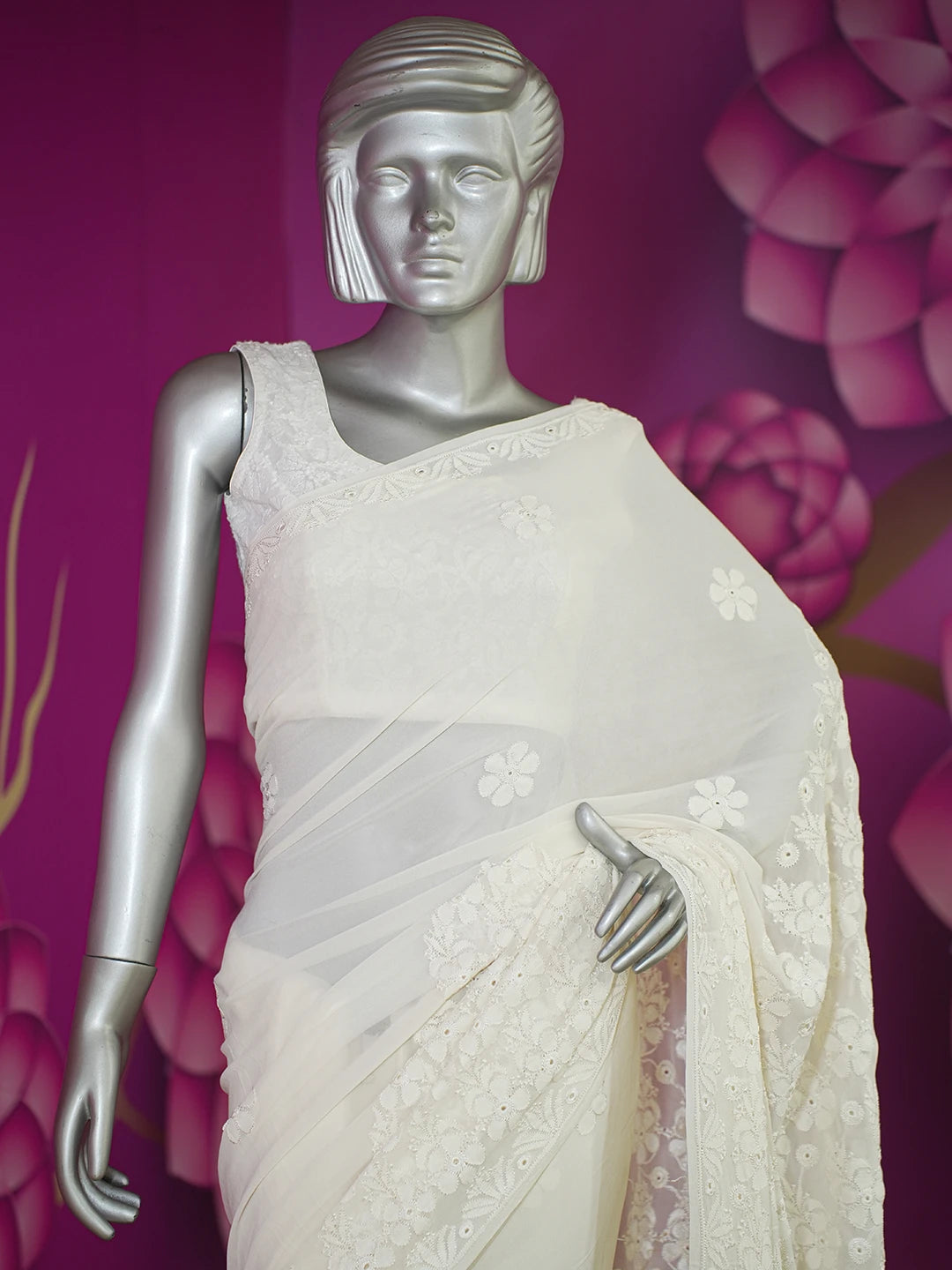 Ada Hand Embroidered Ivory White Pure Georgette Lucknowi Chikankari Saree With Blouse 01A160561