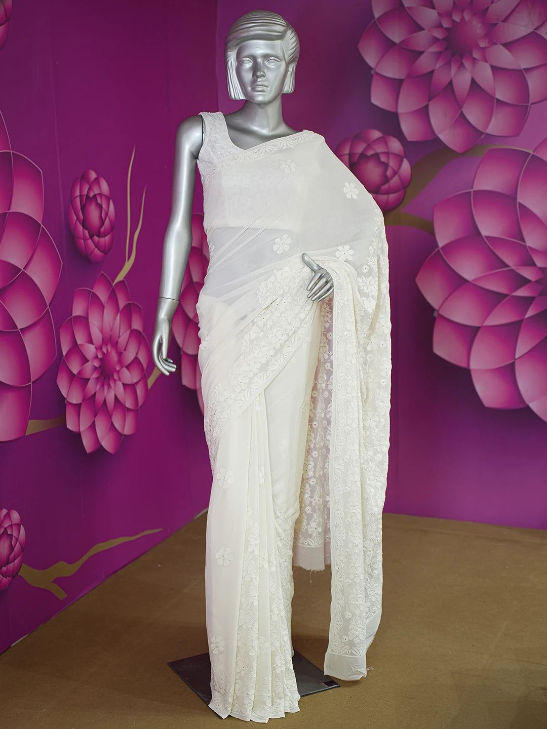 Ada Hand Embroidered Ivory White Pure Georgette Lucknowi Chikankari Saree With Blouse 01A160561