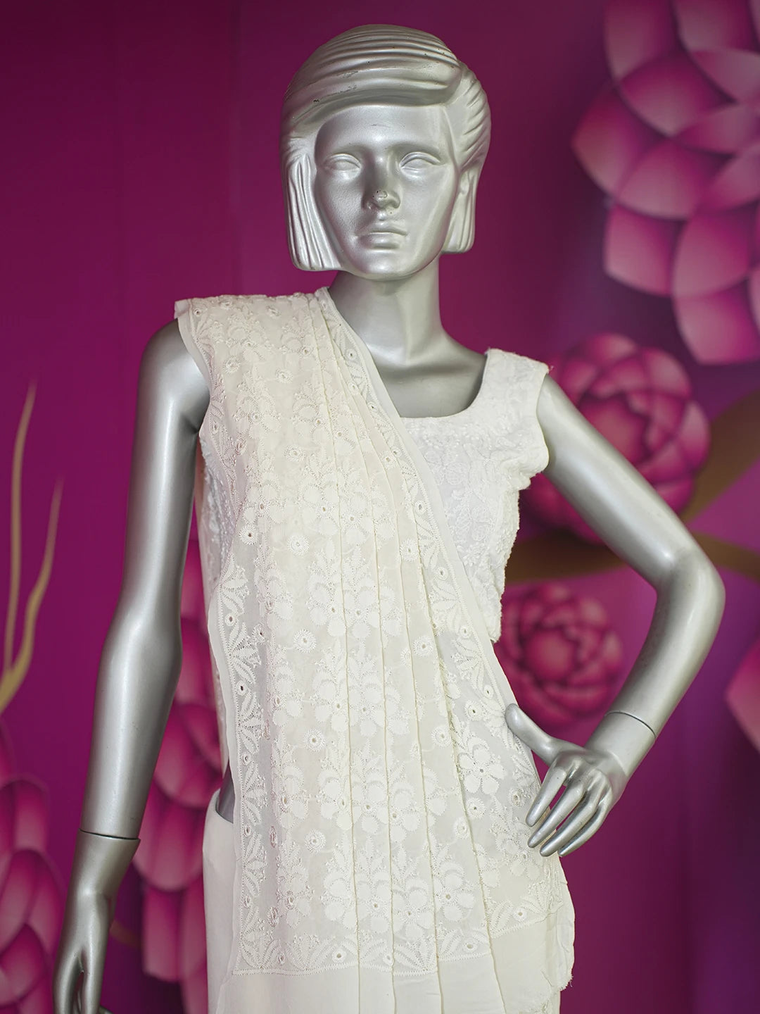 Ada Hand Embroidered Ivory White Pure Georgette Lucknowi Chikankari Saree With Blouse 01A160561