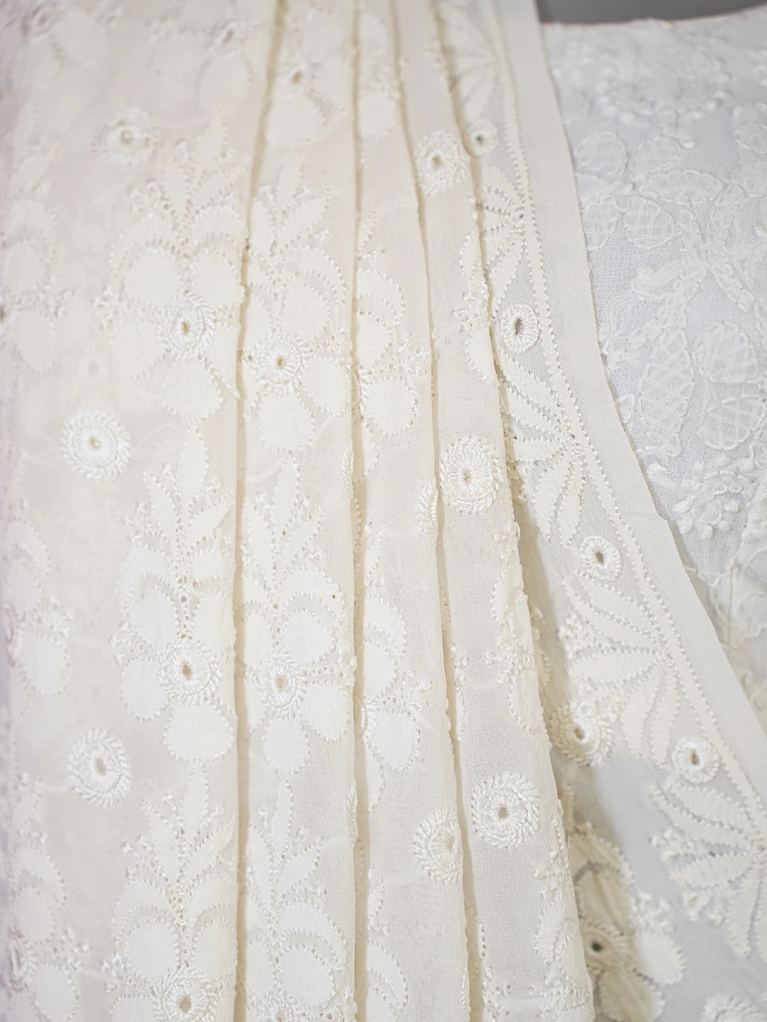 Ada Hand Embroidered Ivory White Pure Georgette Lucknowi Chikankari Saree With Blouse 01A160561