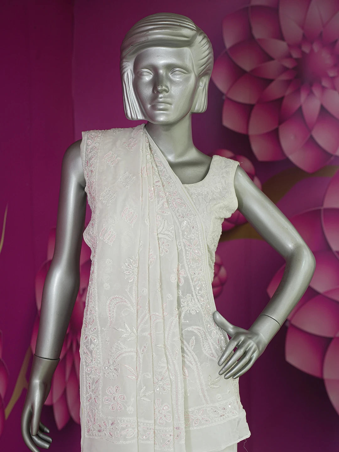 Ada Hand Embroidered Dove White Viscose Georgette Lucknowi Chikankari Saree/Blouse With Cutdana Work 01A535700