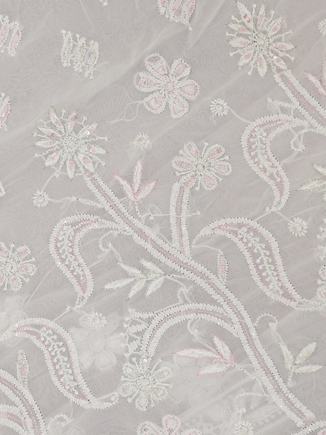 Ada Hand Embroidered Dove White Viscose Georgette Lucknowi Chikankari Saree/Blouse With Cutdana Work 01A535700