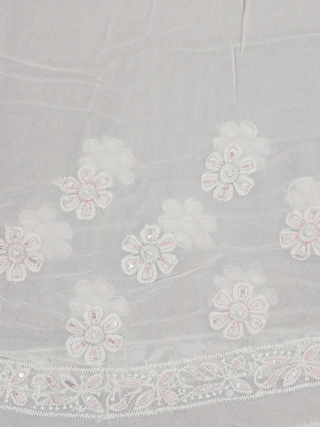 Ada Hand Embroidered Dove White Viscose Georgette Lucknowi Chikankari Saree/Blouse With Cutdana Work 01A535700