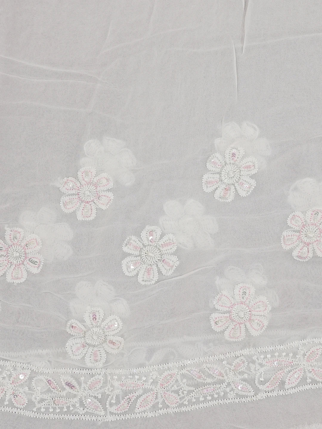 Ada Hand Embroidered Dove White Viscose Georgette Lucknowi Chikankari Saree/Blouse With Cutdana Work 01A535700