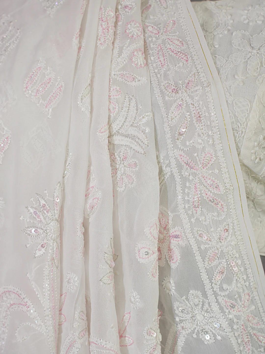 Ada Hand Embroidered Dove White Viscose Georgette Lucknowi Chikankari Saree/Blouse With Cutdana Work 01A535700