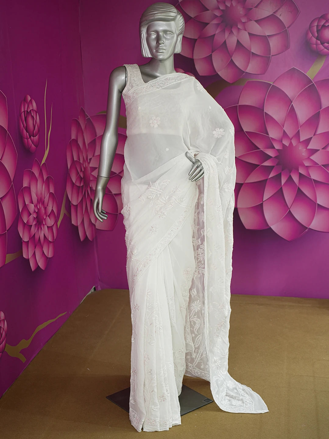 Ada Hand Embroidered Dove White Viscose Georgette Lucknowi Chikankari Saree/Blouse With Cutdana Work 01A535700