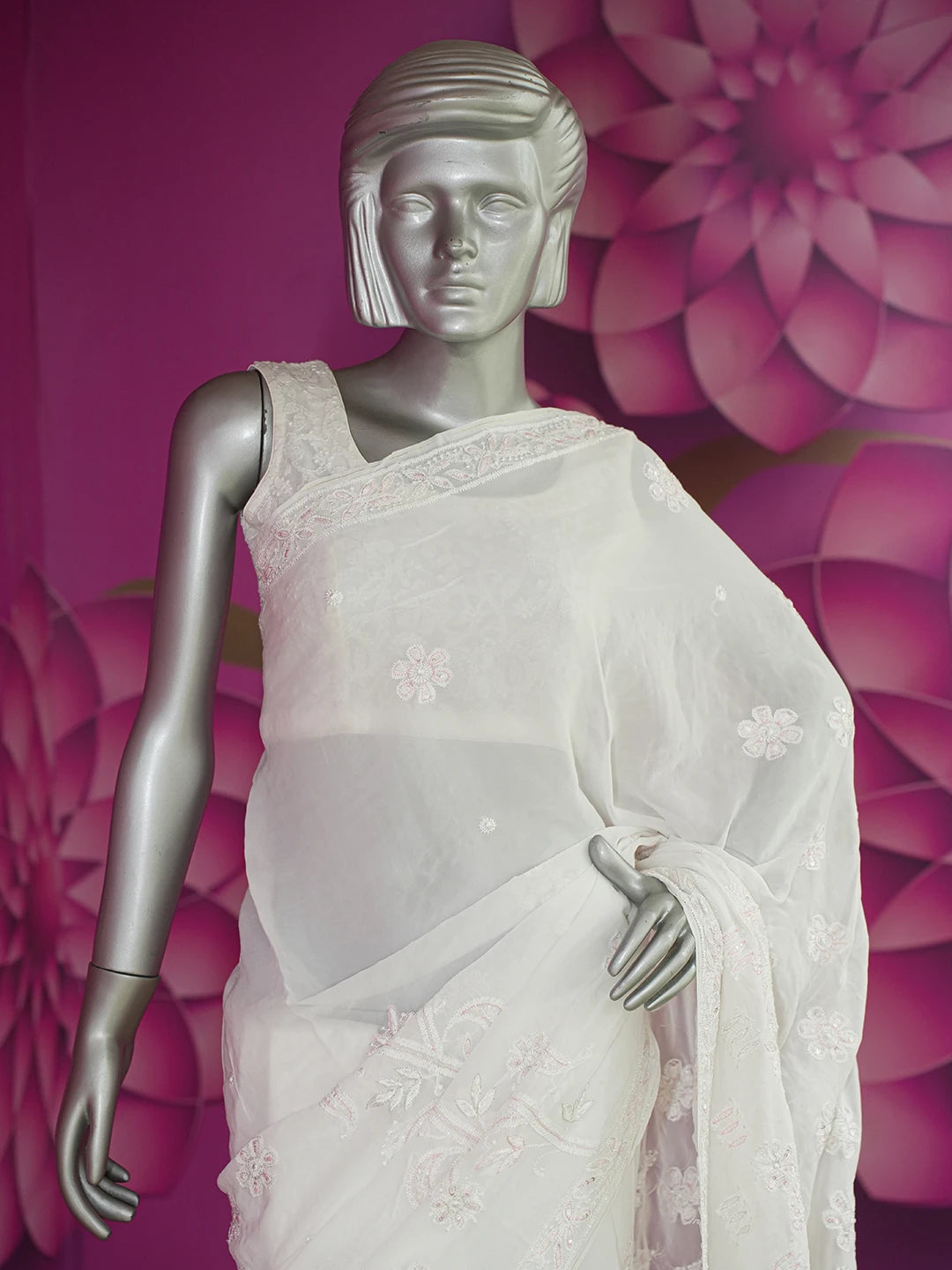 Ada Hand Embroidered Dove White Viscose Georgette Lucknowi Chikankari Saree/Blouse With Cutdana Work 01A535700