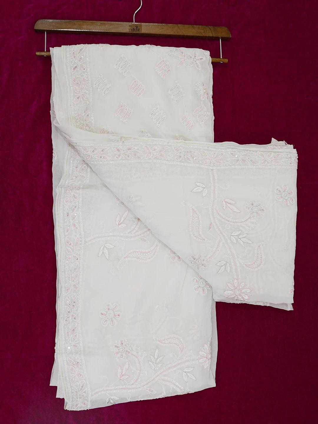 Ada Hand Embroidered Dove White Viscose Georgette Lucknowi Chikankari Saree/Blouse With Cutdana Work 01A535700