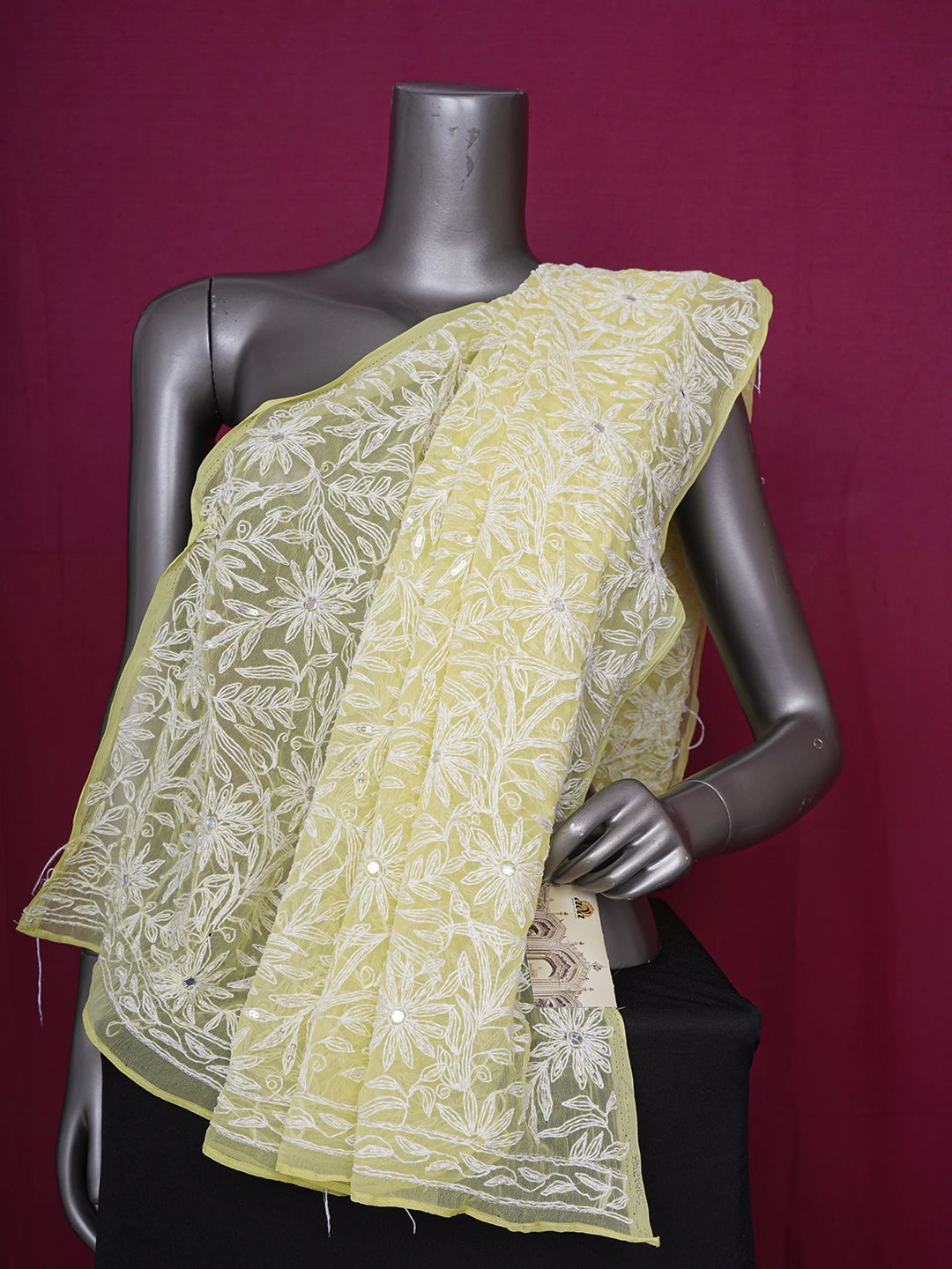 Ada Hand Embroidered Lemon Yellow Georgette Lucknowi Chikankari Dupatta With Pearl Work 01A560165