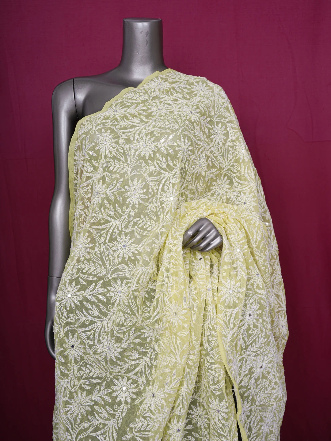 Ada Hand Embroidered Lemon Yellow Georgette Lucknowi Chikankari Dupatta With Pearl Work 01A560165