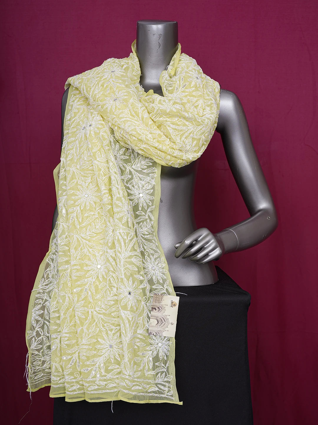 Ada Hand Embroidered Lemon Yellow Georgette Lucknowi Chikankari Dupatta With Pearl Work 01A560165