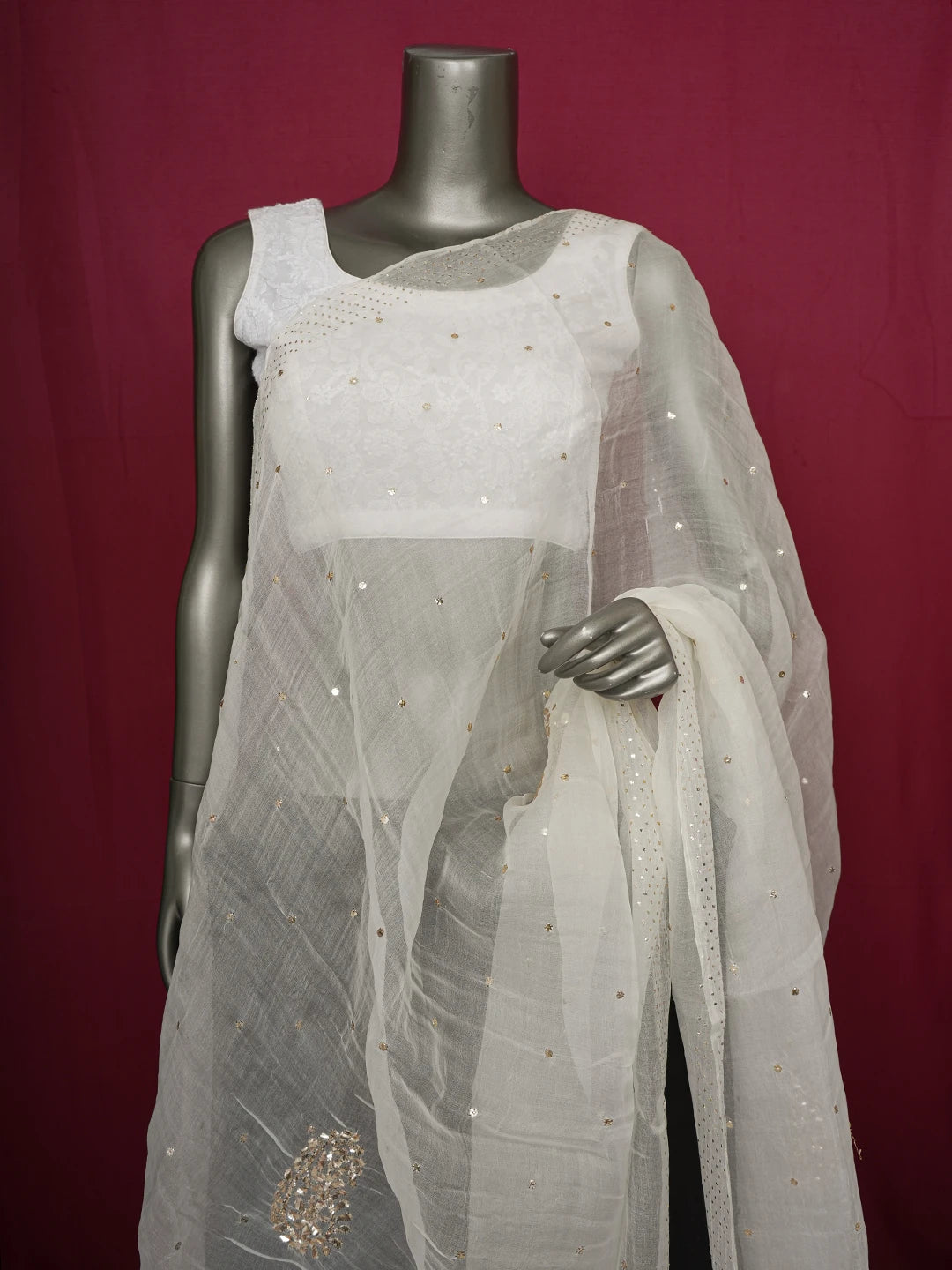 Ada Hand Embroidered White Organza Lucknowi Chikankari Dupatta With Mukaish Work 01A578015