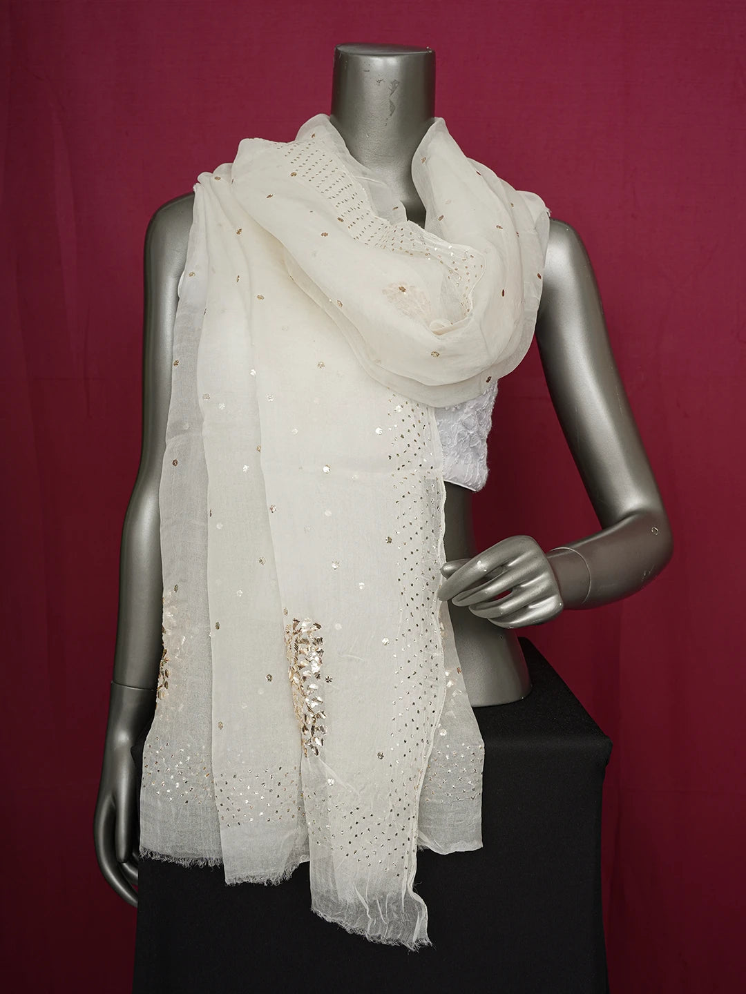 Ada Hand Embroidered White Organza Lucknowi Chikankari Dupatta With Mukaish Work 01A578015