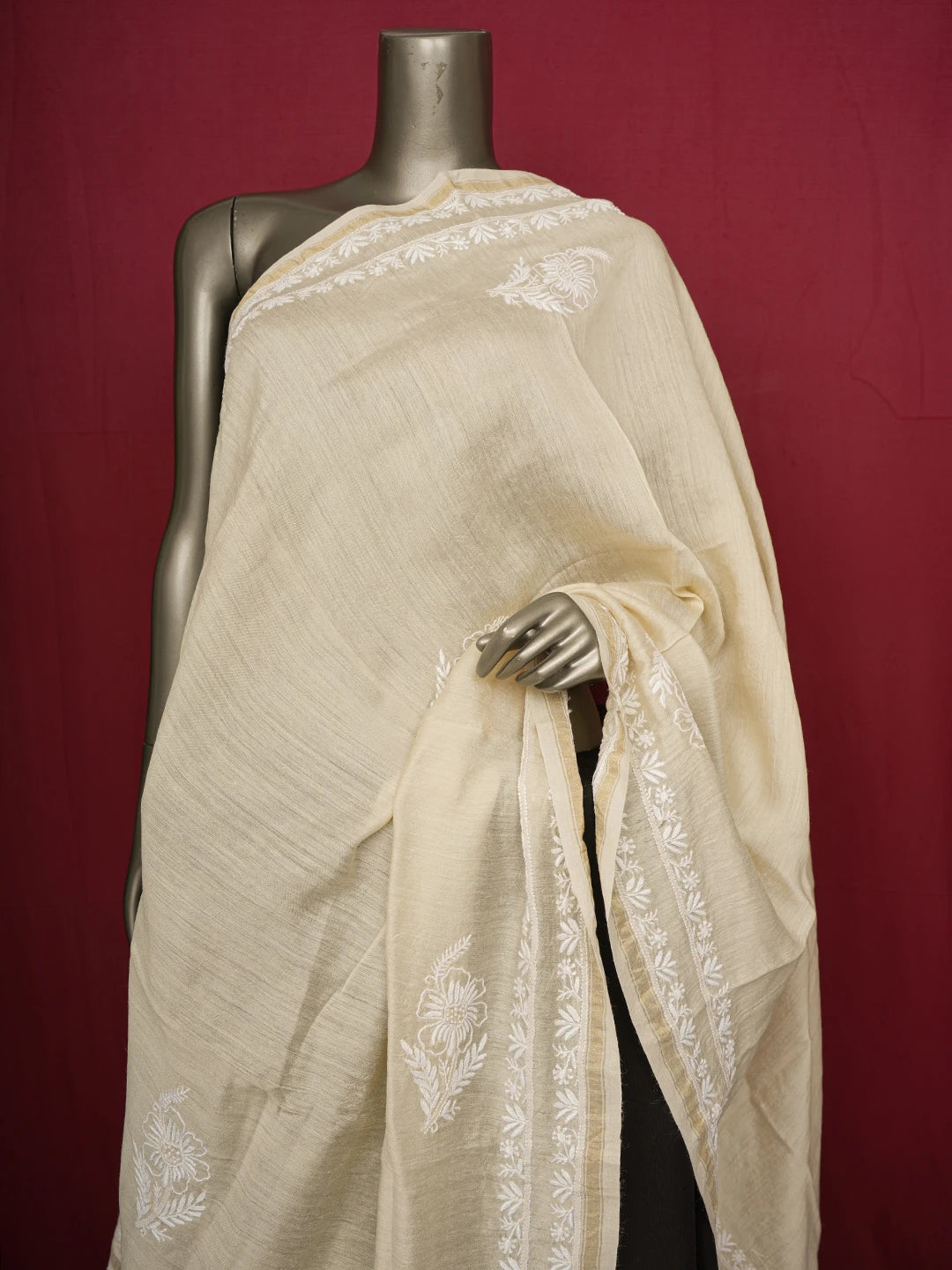 Ada Hand Embroidered Fawn Moonga Silk Lucknowi Chikankari Dupatta 01A591734