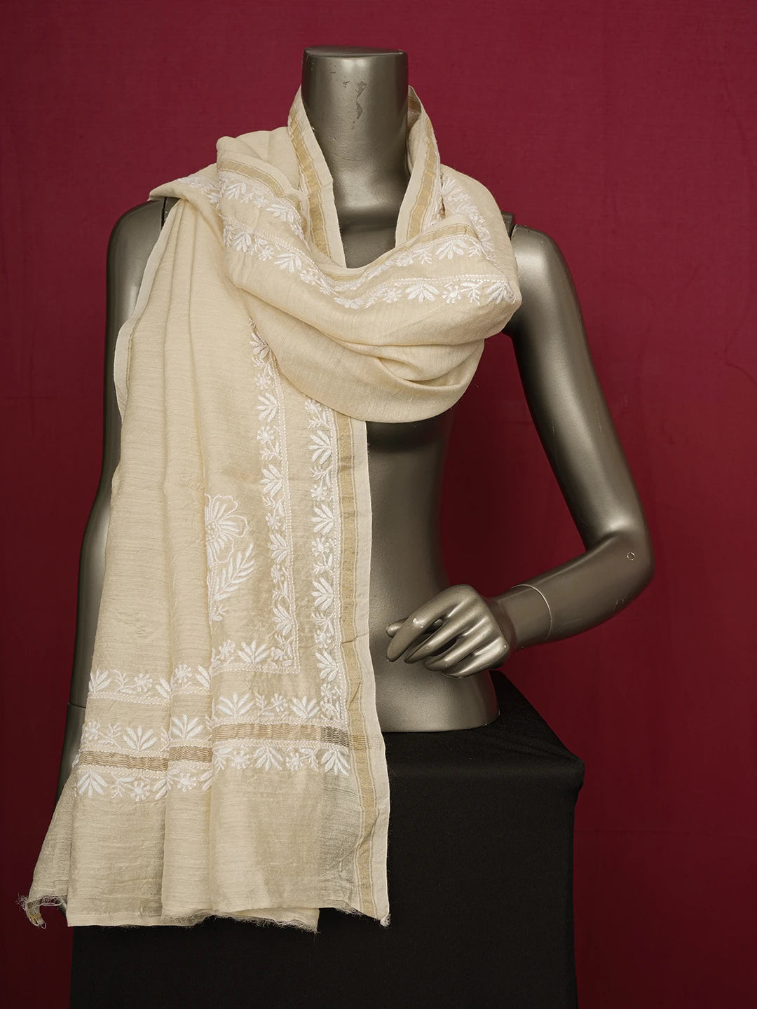 Ada Hand Embroidered Fawn Moonga Silk Lucknowi Chikankari Dupatta 01A591734