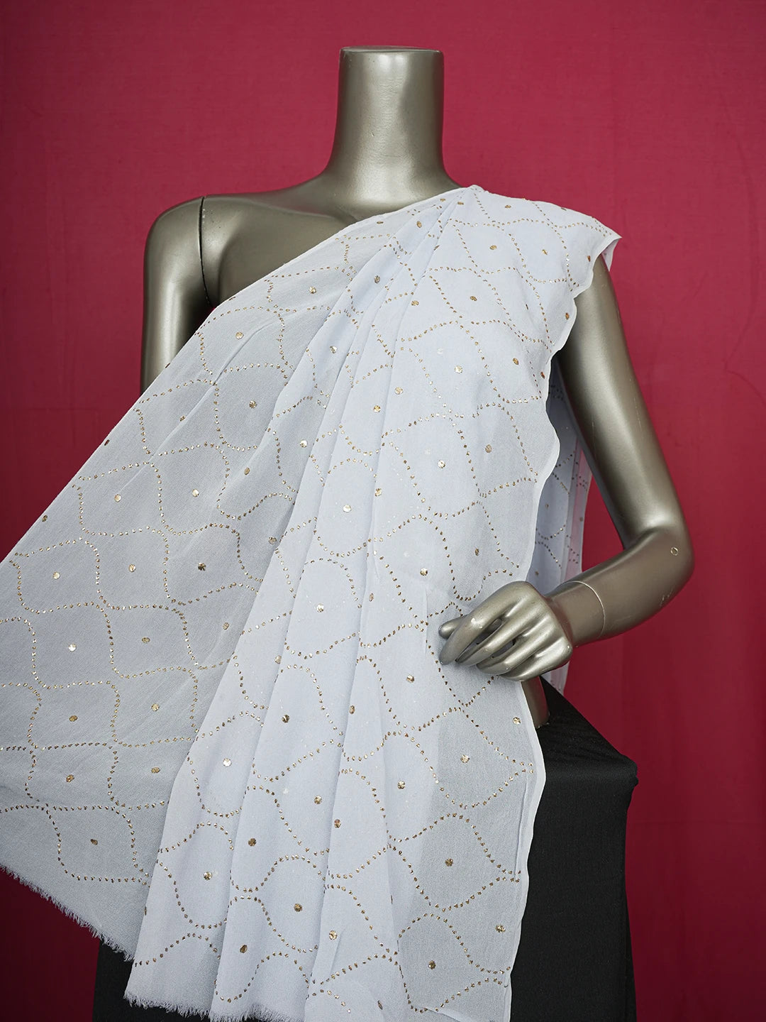 Ada Hand Embroidered Powder Blue Viscose Georgette Lucknowi Chikankari Dupatta With Mukaish Work A583631