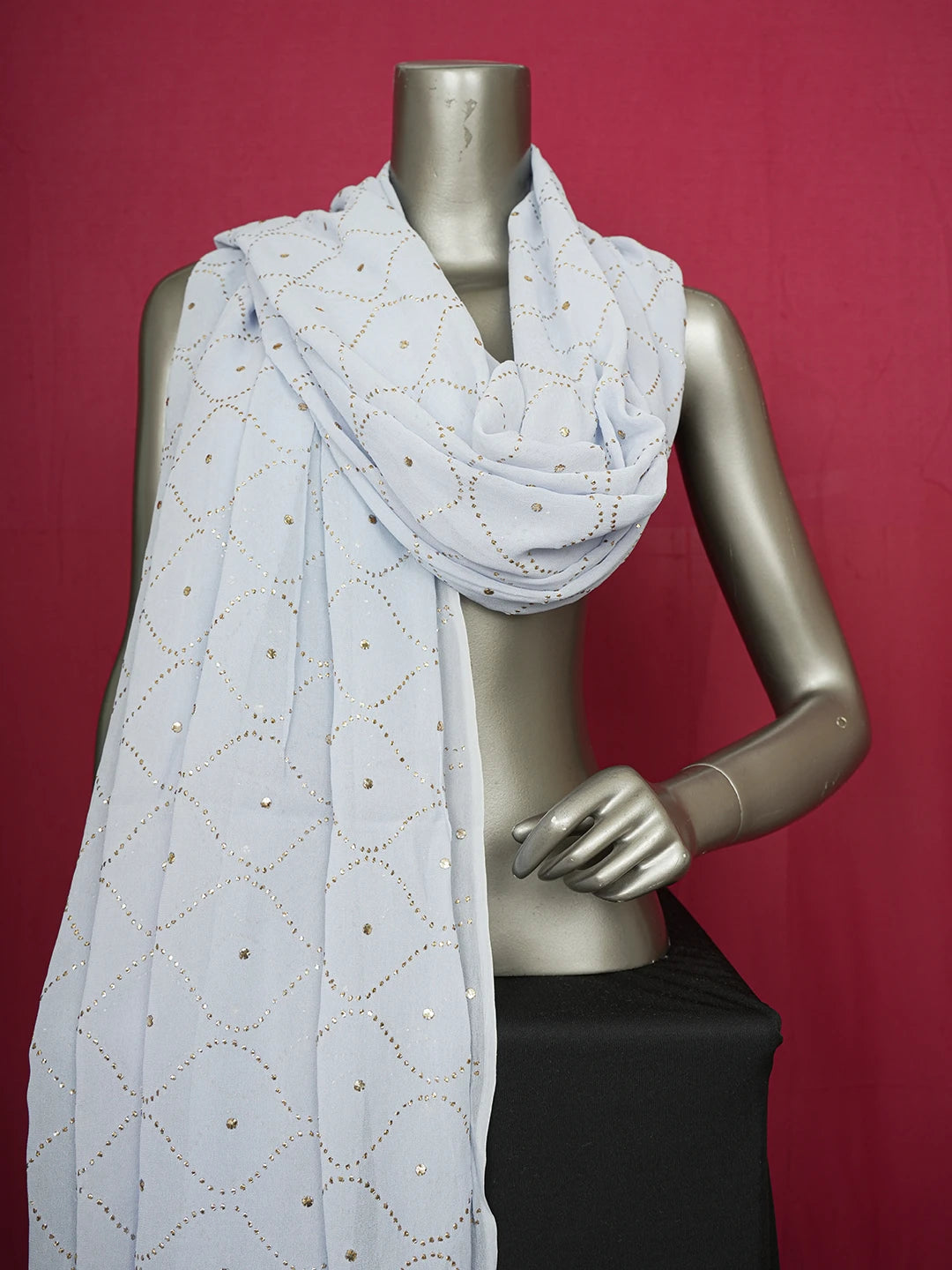 Ada Hand Embroidered Powder Blue Viscose Georgette Lucknowi Chikankari Dupatta With Mukaish Work A583631