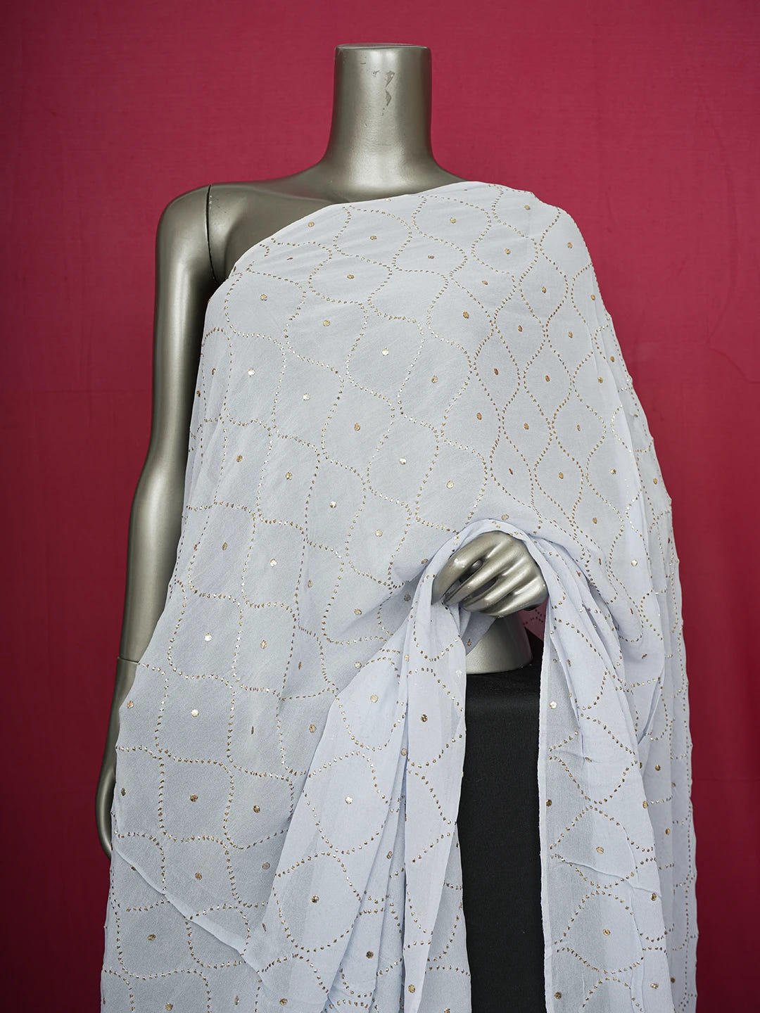 Ada Hand Embroidered Powder Blue Viscose Georgette Lucknowi Chikankari Dupatta With Mukaish Work A583631