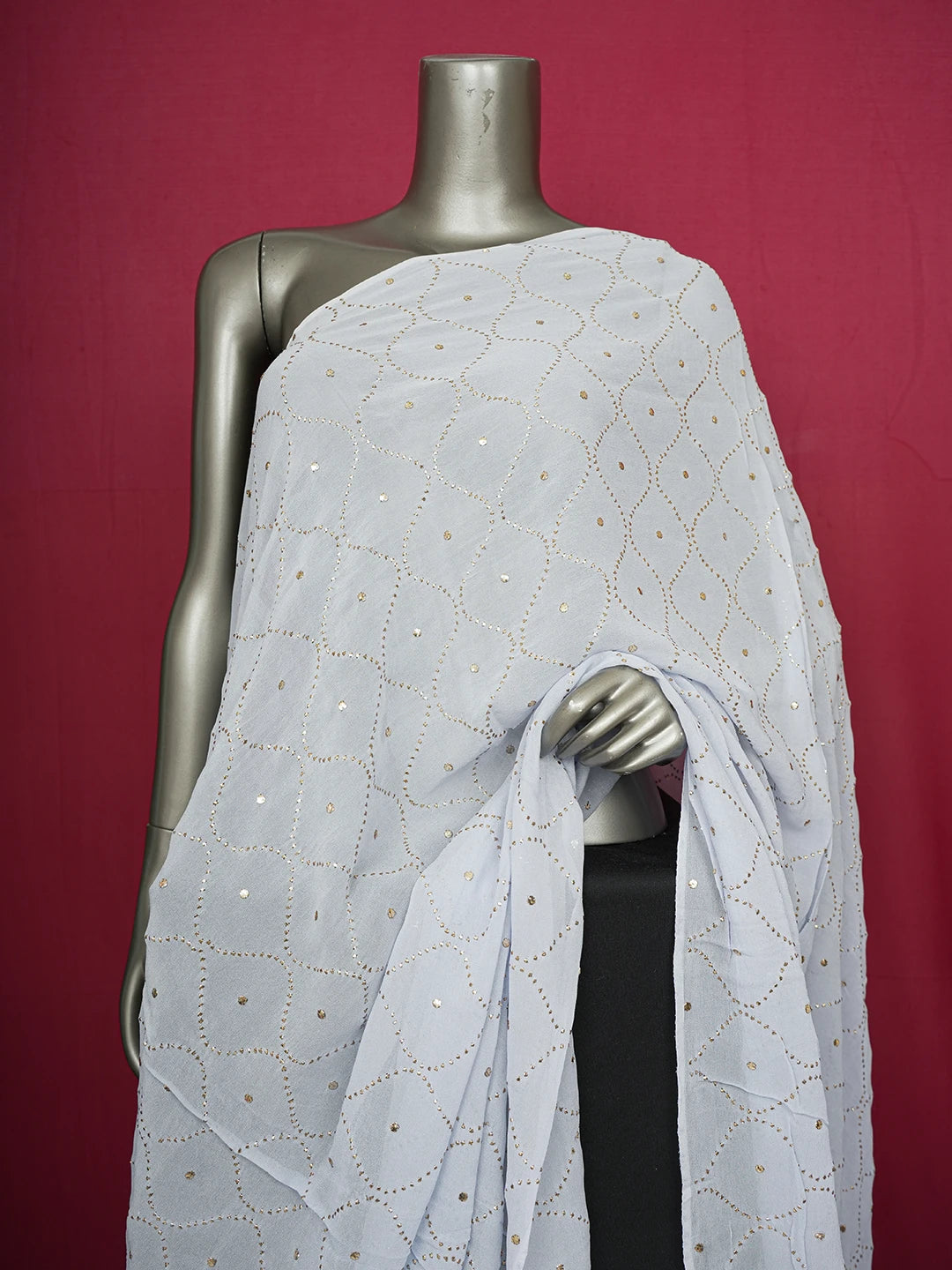 Ada Hand Embroidered Powder Blue Viscose Georgette Lucknowi Chikankari Dupatta With Mukaish Work A583631