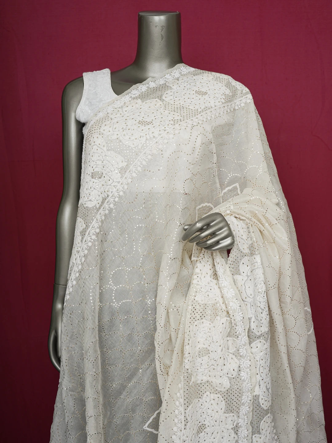 Ada Hand Embroidered Ivory White Organza Lucknowi Chikankari Dupatta With Mukaish Work 01A621369