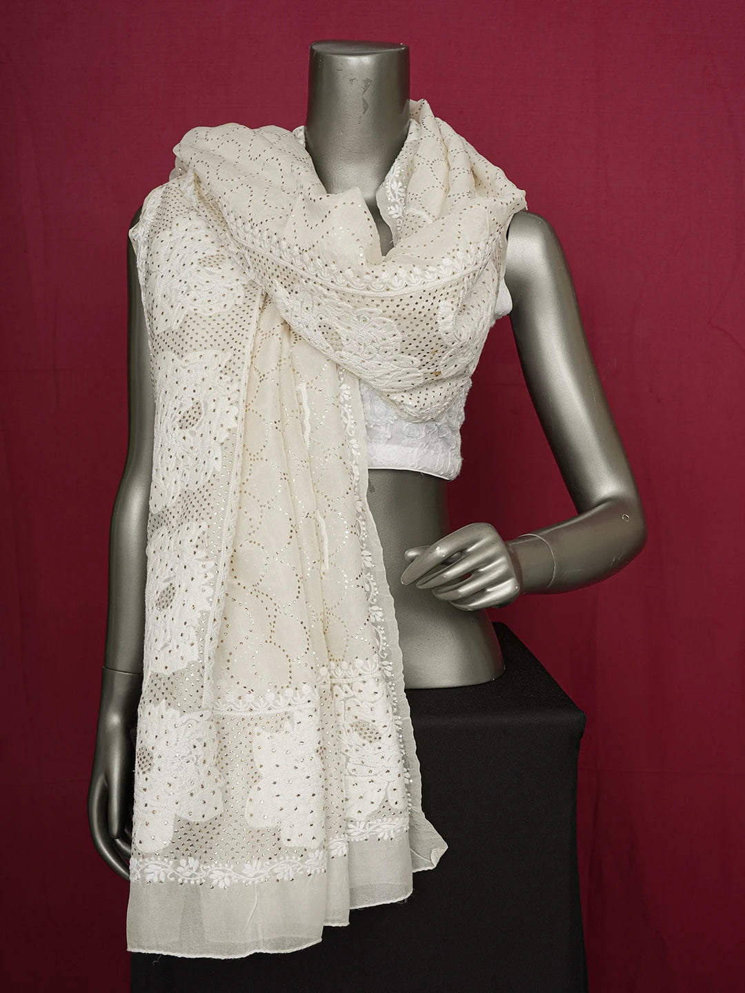 Ada Hand Embroidered Ivory White Organza Lucknowi Chikankari Dupatta With Mukaish Work 01A621369