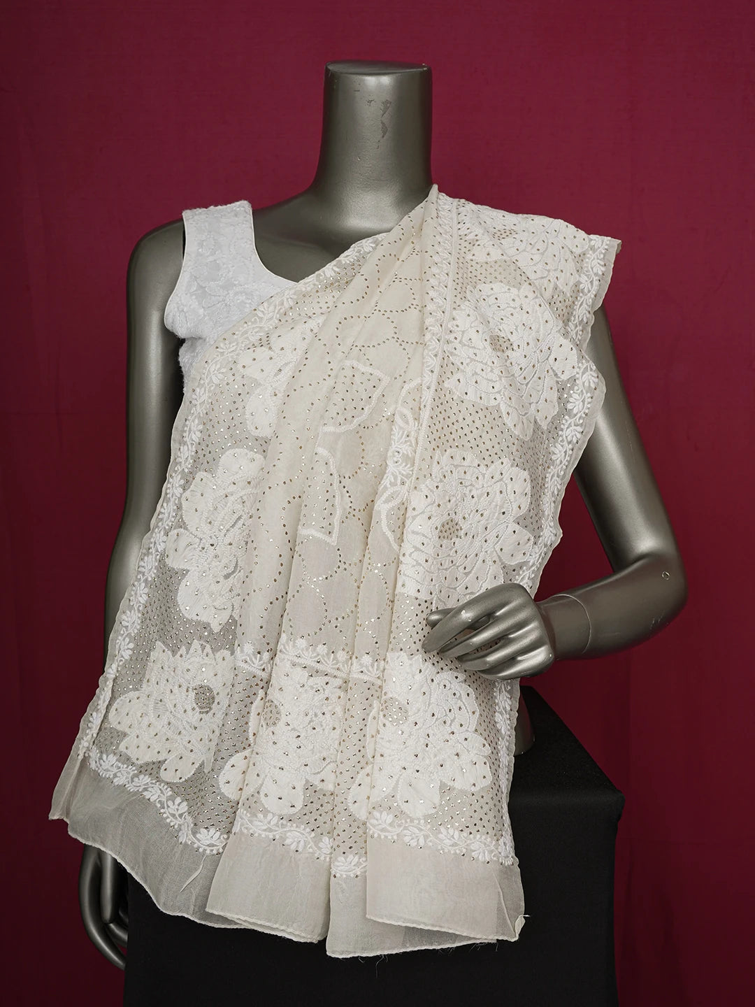 Ada Hand Embroidered Ivory White Organza Lucknowi Chikankari Dupatta With Mukaish Work 01A621369