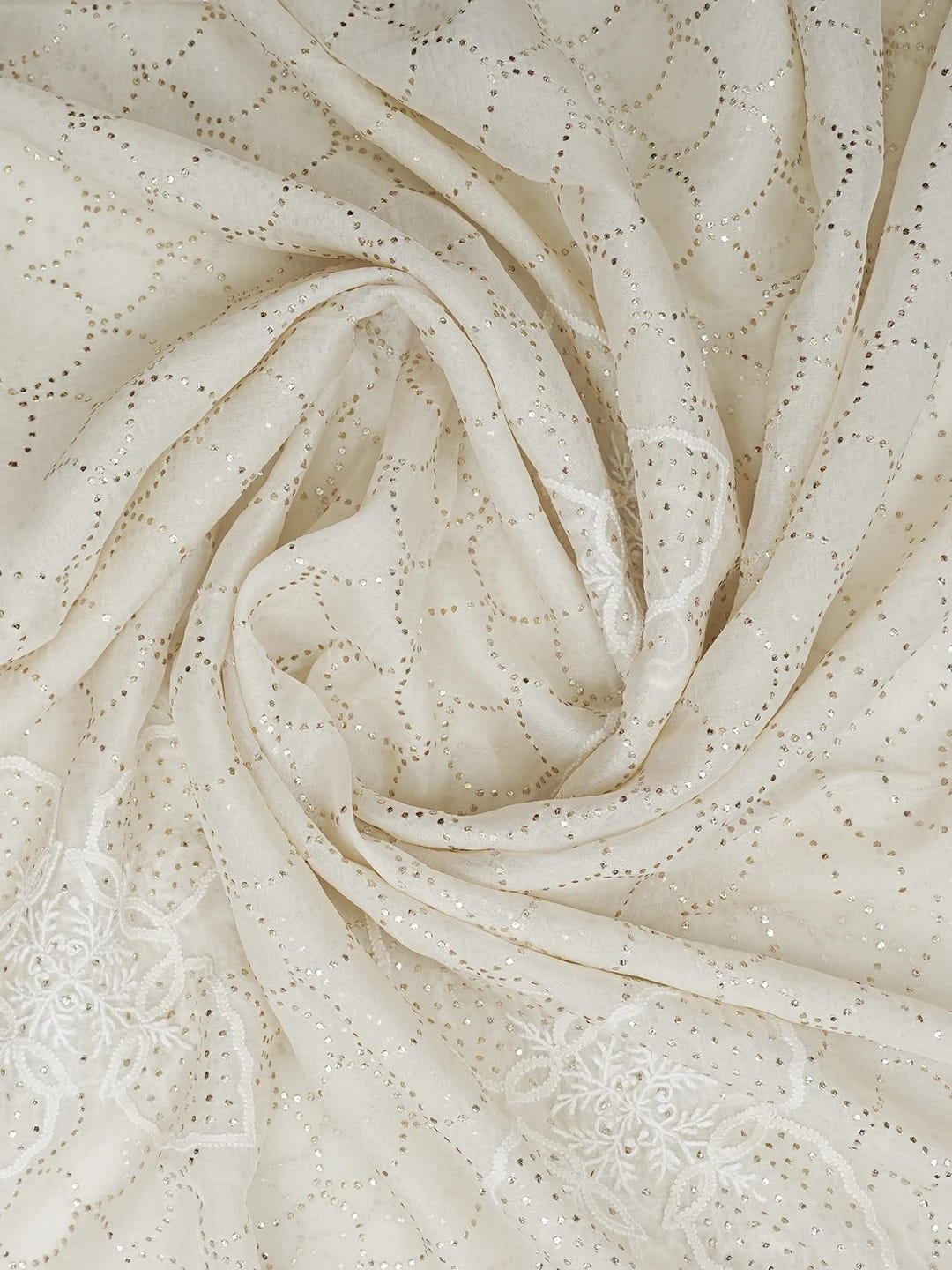 Ada Hand Embroidered Ivory White Organza Lucknowi Chikankari Dupatta With Mukaish Work 01A621369
