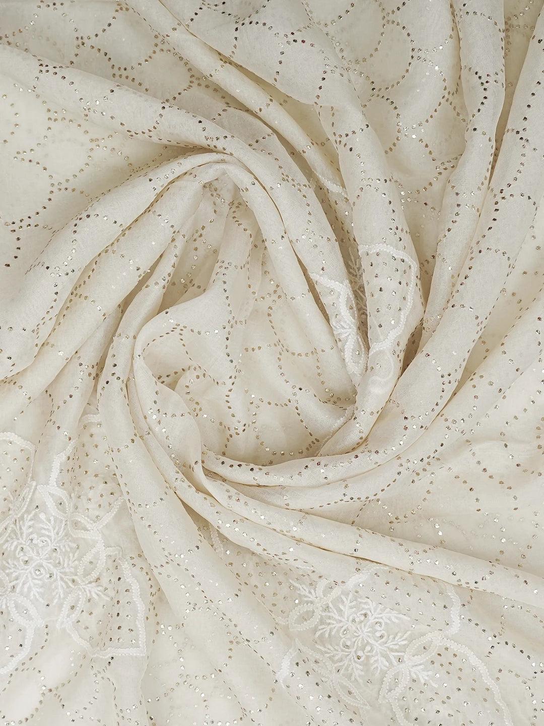 Ada Hand Embroidered Ivory White Organza Lucknowi Chikankari Dupatta With Mukaish Work 01A621369