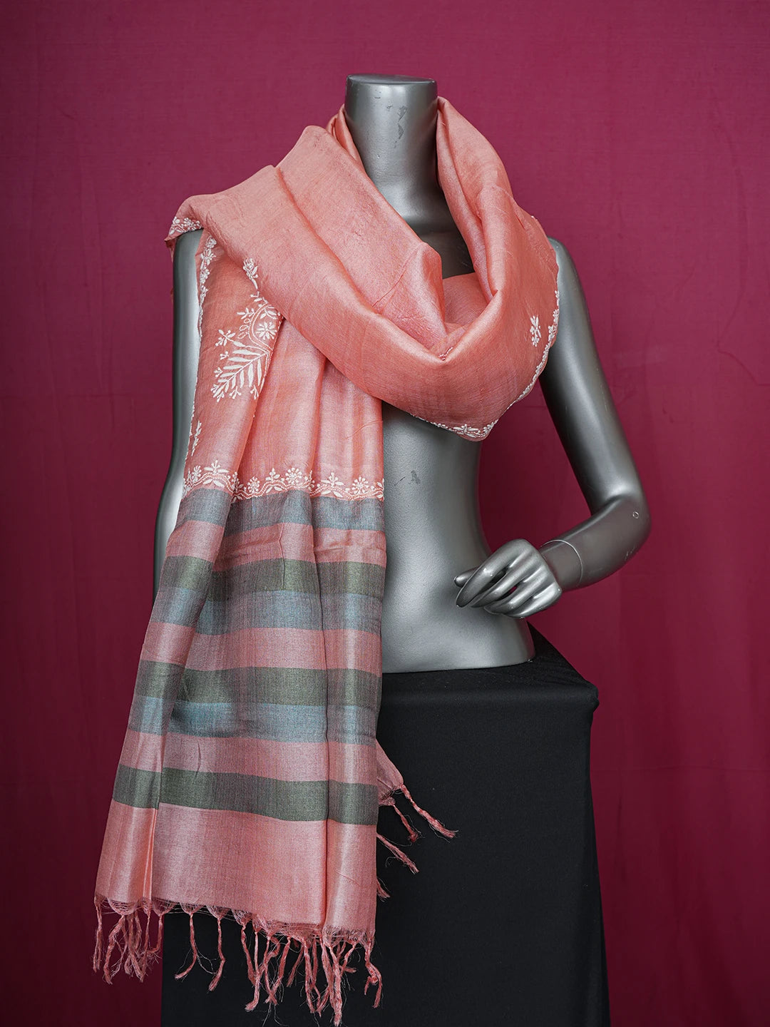 Ada Hand Embroidered Dusty Peach Silk Lucknowi Chikankari Dupatta 01A414655