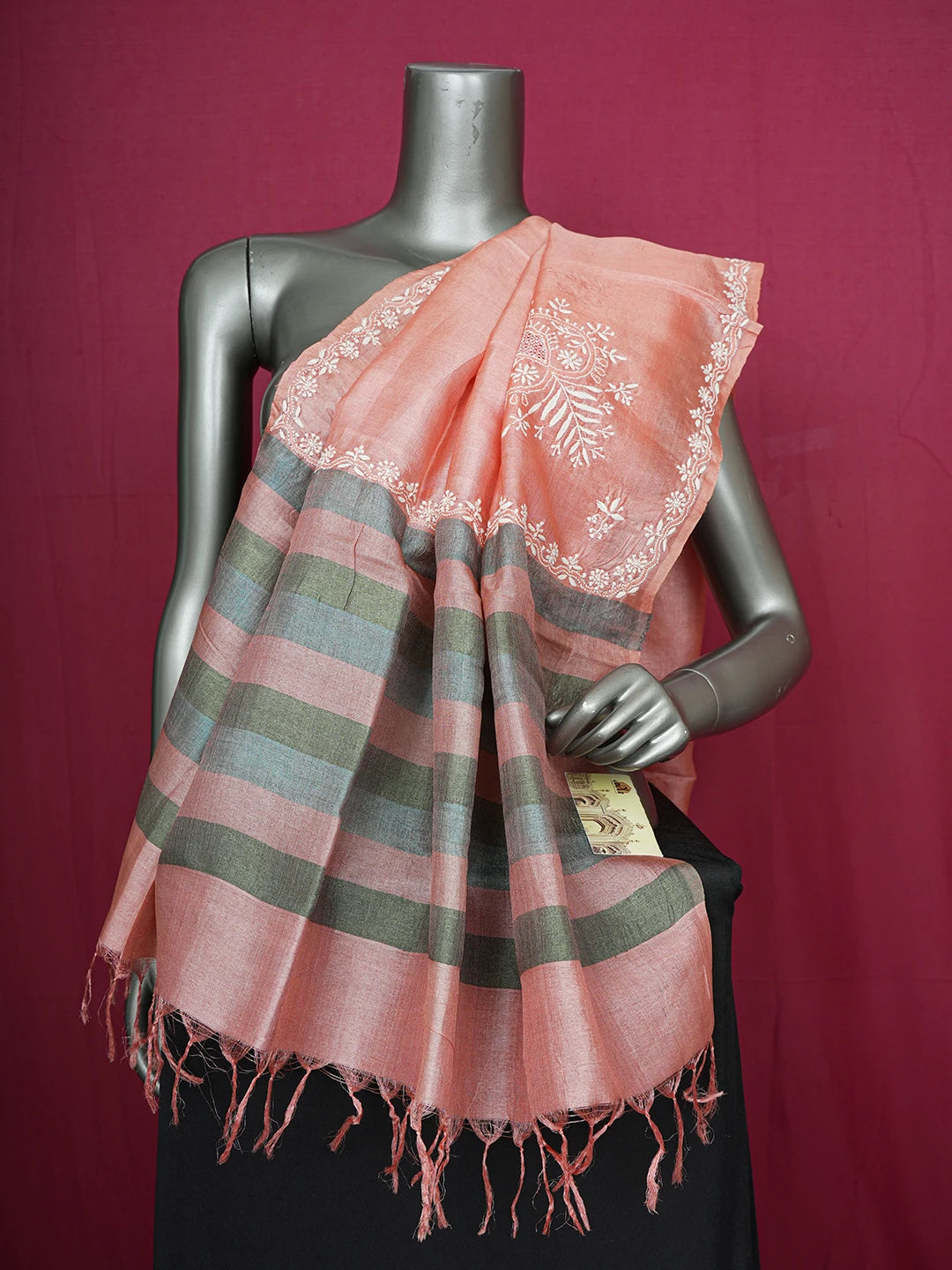 Ada Hand Embroidered Dusty Peach Silk Lucknowi Chikankari Dupatta 01A414655
