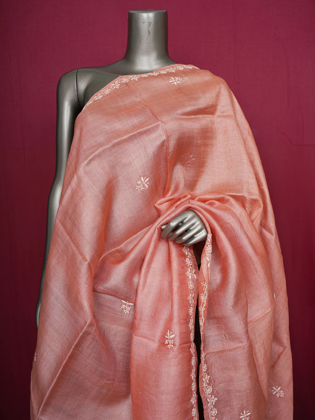 Ada Hand Embroidered Dusty Peach Silk Lucknowi Chikankari Dupatta 01A414655