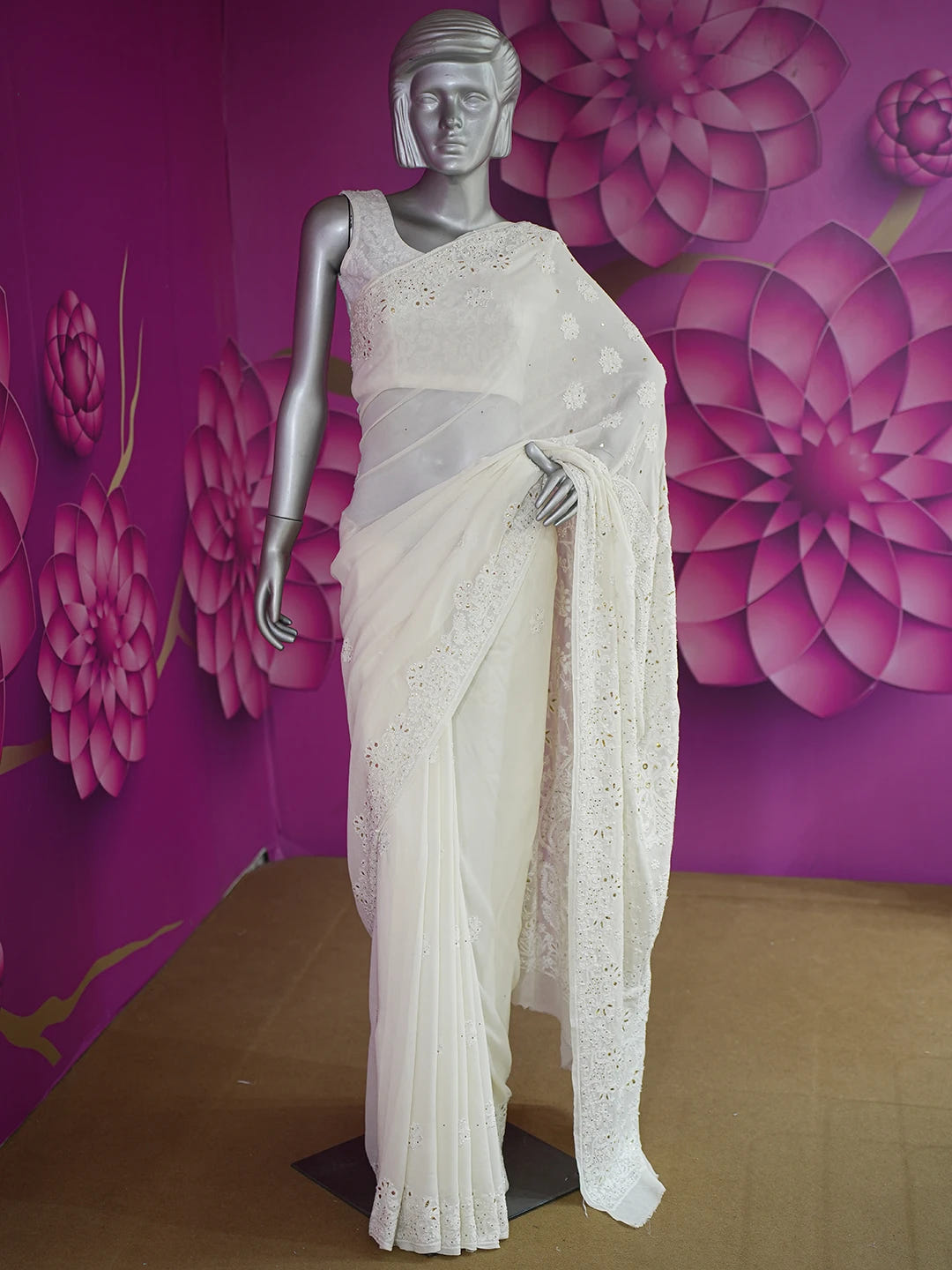 Ada Hand Embroidered White Cornsilk Pure Georgette Lucknowi Chikankari Saree/Blouse With Muqaish Work 01A388195