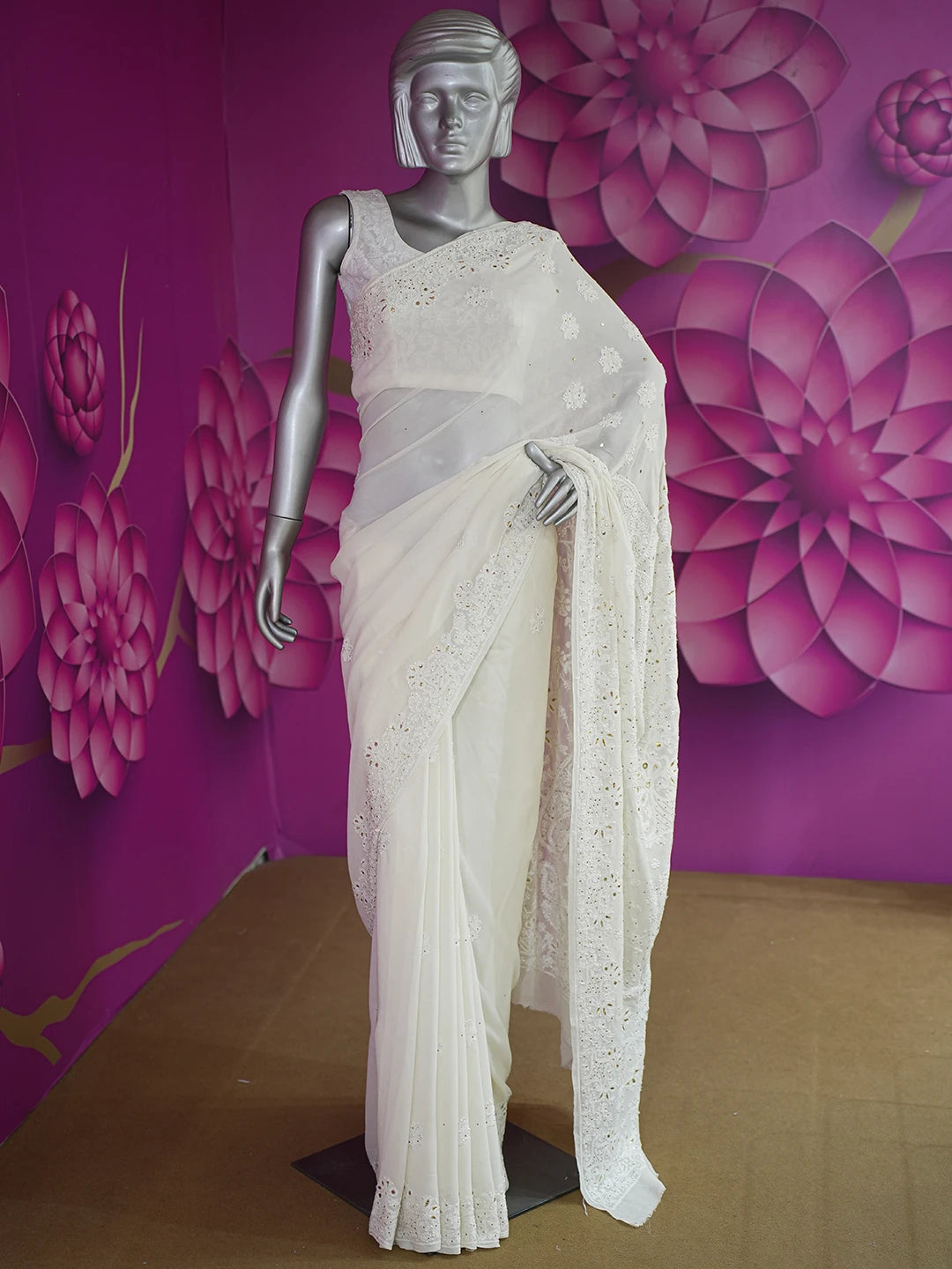 Ada Hand Embroidered White Cornsilk Pure Georgette Lucknowi Chikankari Saree/Blouse With Muqaish Work 01A388195