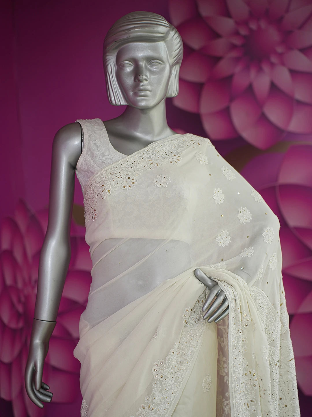 Ada Hand Embroidered White Cornsilk Pure Georgette Lucknowi Chikankari Saree/Blouse With Muqaish Work 01A388195
