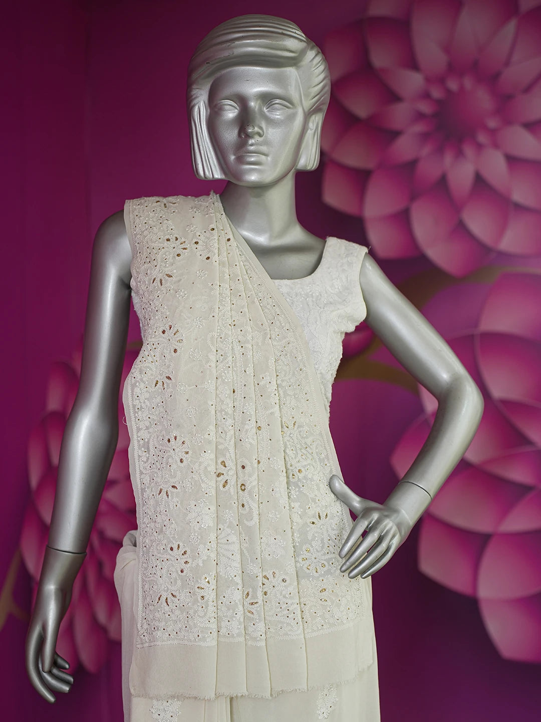 Ada Hand Embroidered White Cornsilk Pure Georgette Lucknowi Chikankari Saree/Blouse With Muqaish Work 01A388195