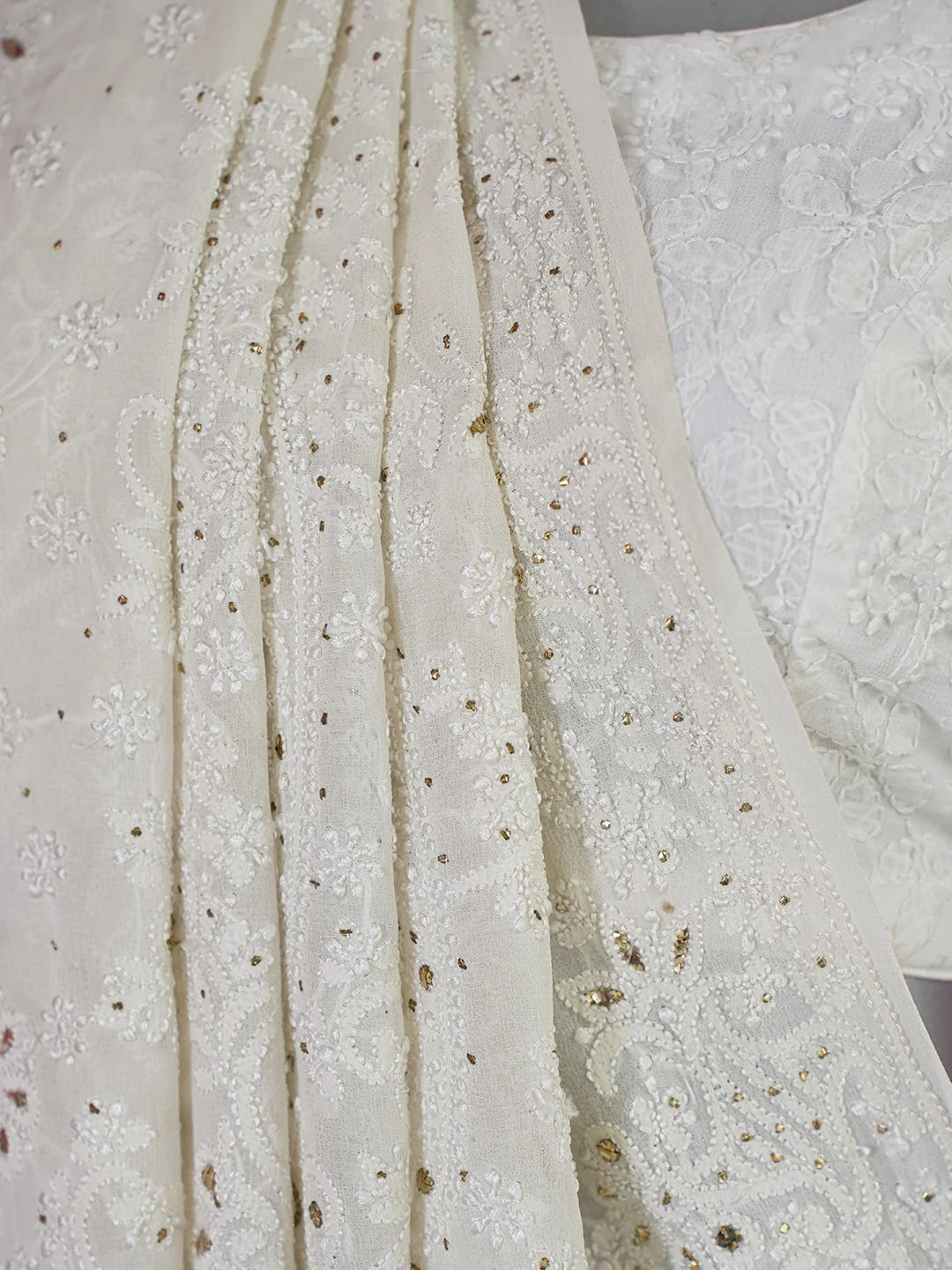 Ada Hand Embroidered White Cornsilk Pure Georgette Lucknowi Chikankari Saree/Blouse With Muqaish Work 01A388195