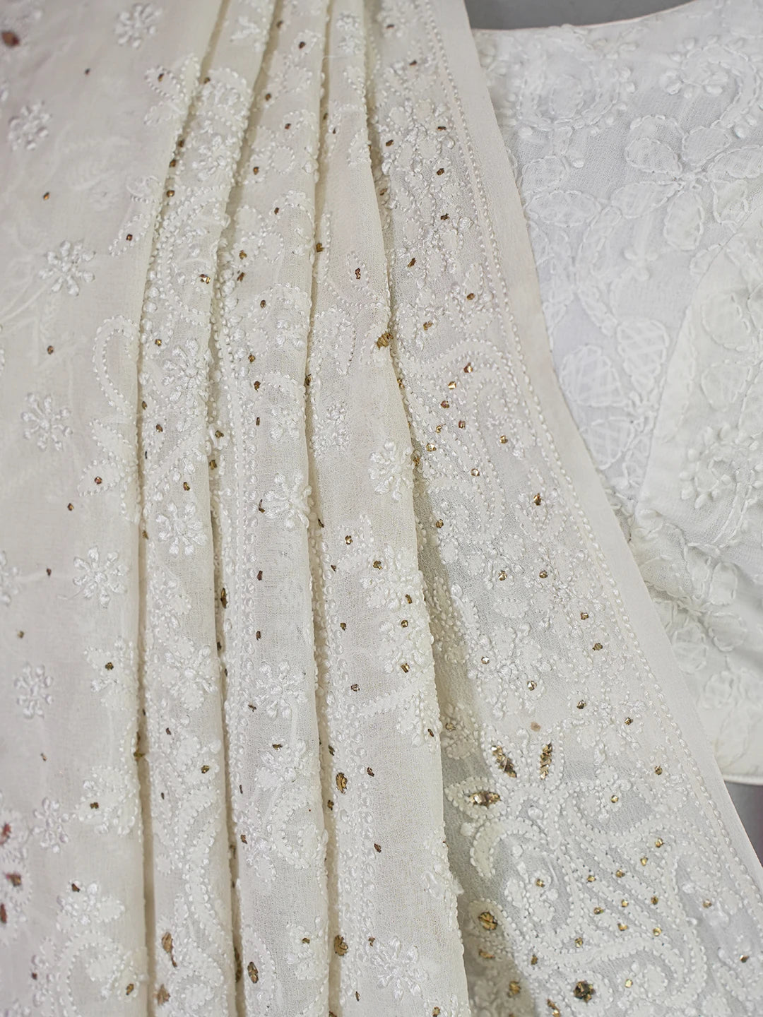 Ada Hand Embroidered White Cornsilk Pure Georgette Lucknowi Chikankari Saree/Blouse With Muqaish Work 01A388195