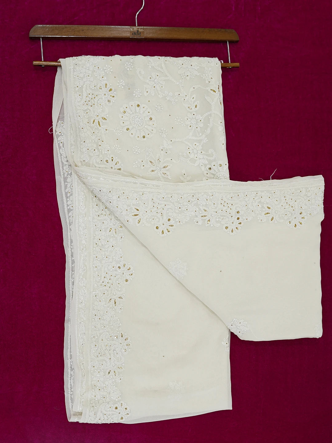 Ada Hand Embroidered White Cornsilk Pure Georgette Lucknowi Chikankari Saree/Blouse With Muqaish Work 01A388195