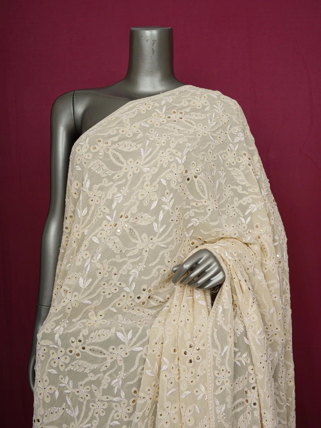 Ada Hand Embroidered Beige Pure Georgette Lucknowi Chikankari Dupatta With Muqaish Work 01A191007