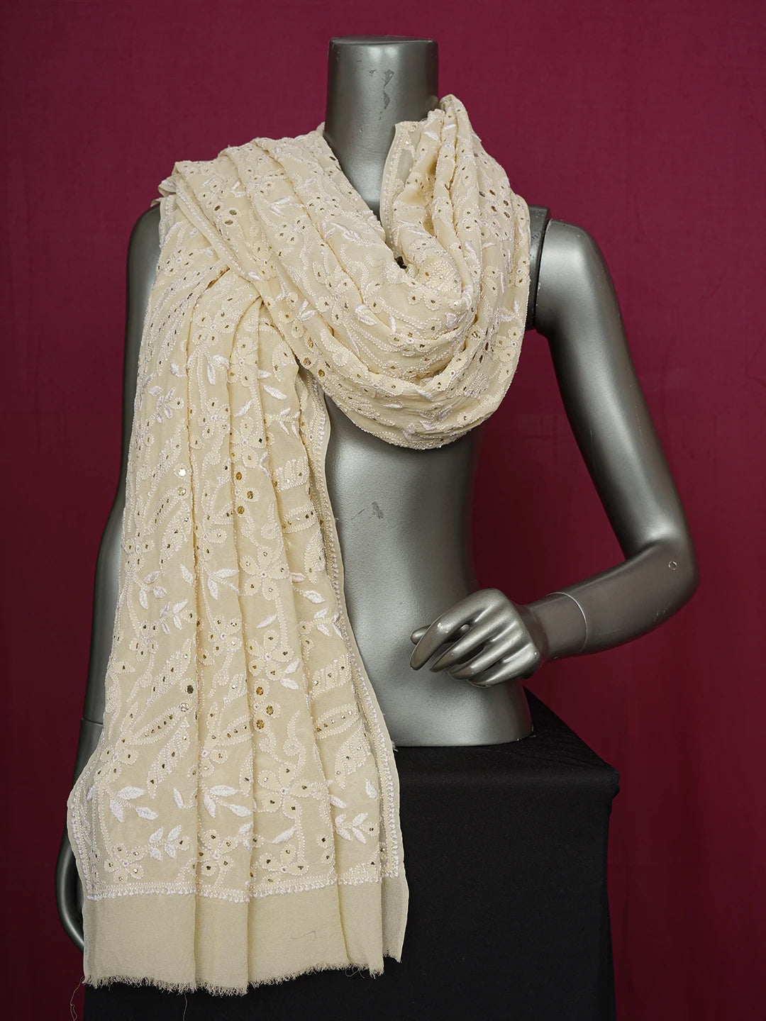 Ada Hand Embroidered Beige Pure Georgette Lucknowi Chikankari Dupatta With Muqaish Work 01A191007