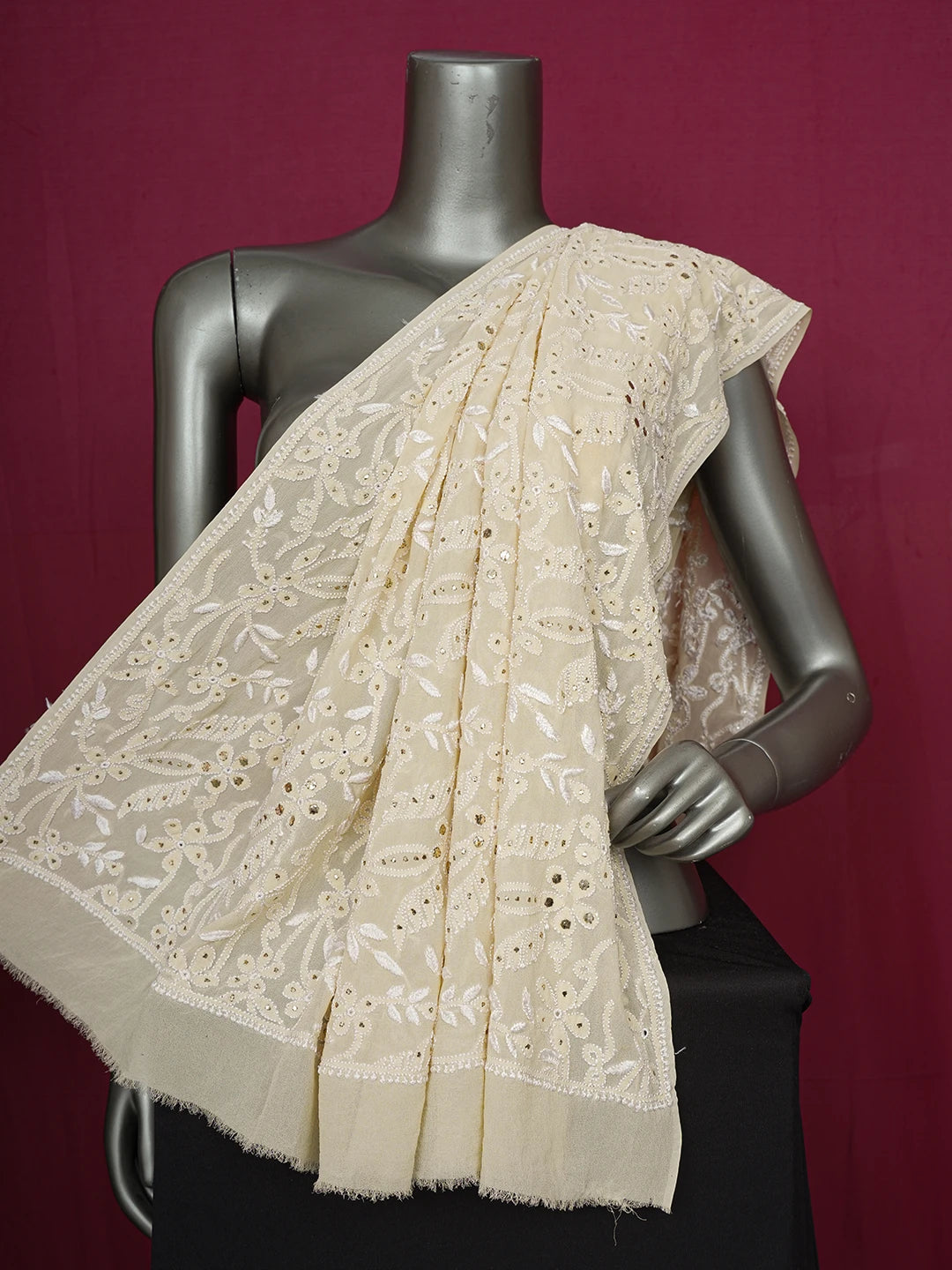 Ada Hand Embroidered Beige Pure Georgette Lucknowi Chikankari Dupatta With Muqaish Work 01A191007