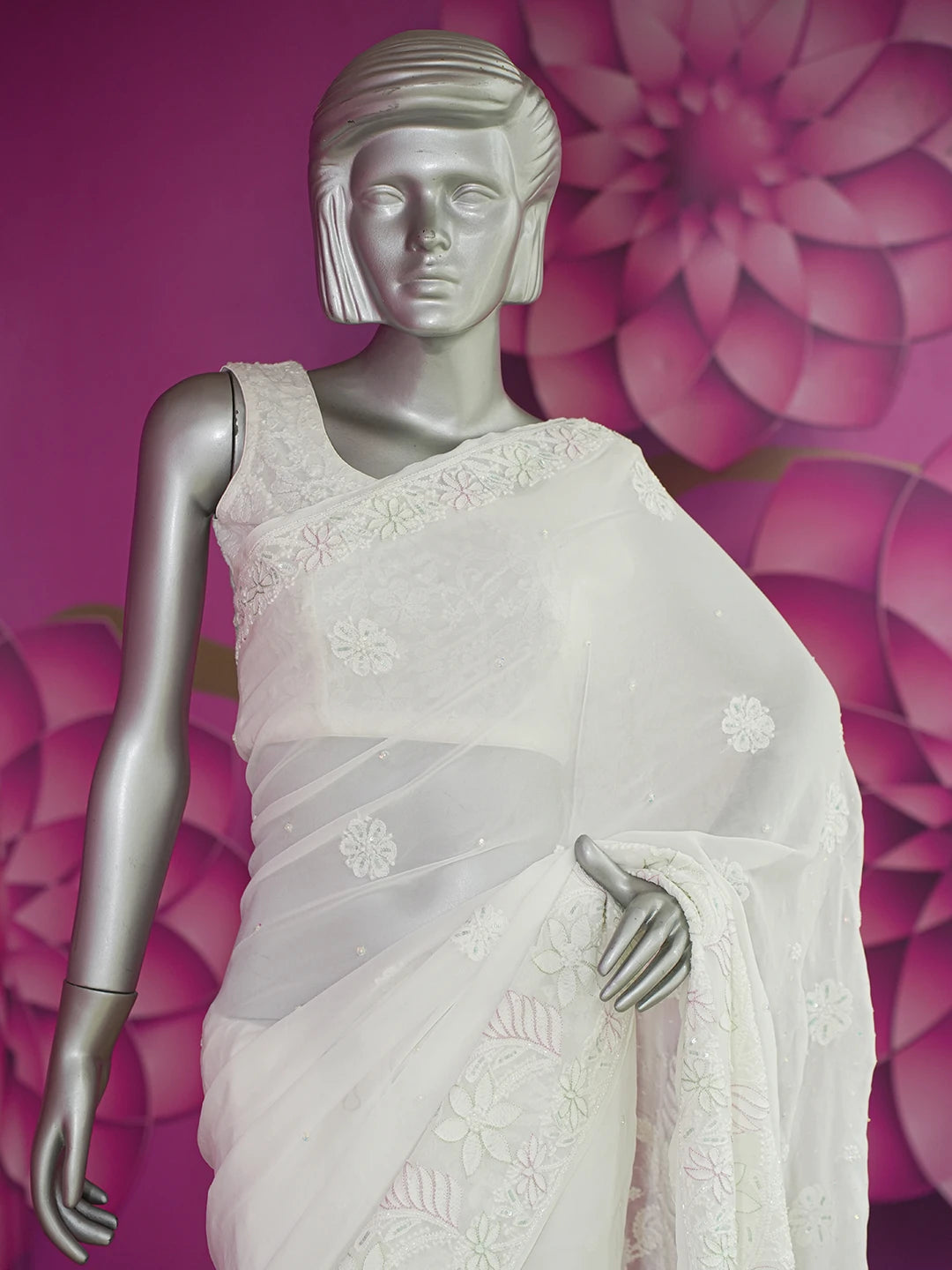 Ada Hand Embroidered Snow White Viscose Georgette Lucknowi Chikankari Saree With Blouse And Cutdana Work 01A273677