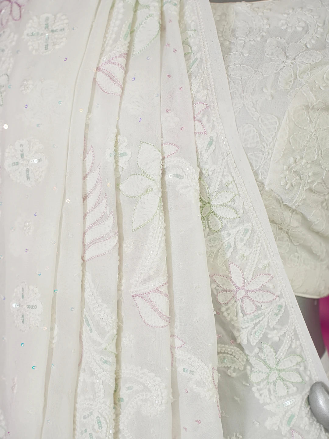 Ada Hand Embroidered Snow White Viscose Georgette Lucknowi Chikankari Saree With Blouse And Cutdana Work 01A273677