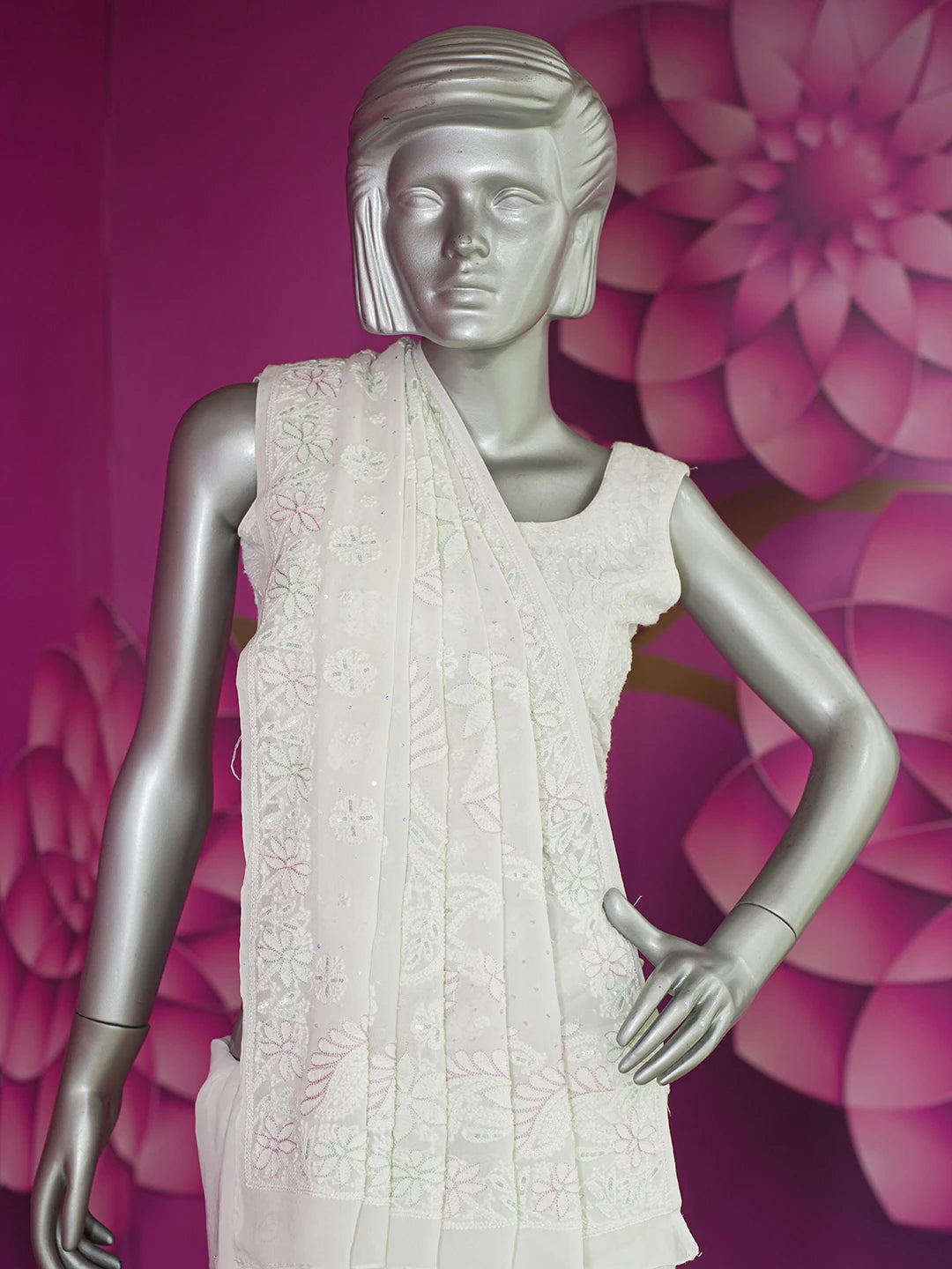 Ada Hand Embroidered Snow White Viscose Georgette Lucknowi Chikankari Saree With Blouse And Cutdana Work 01A273677