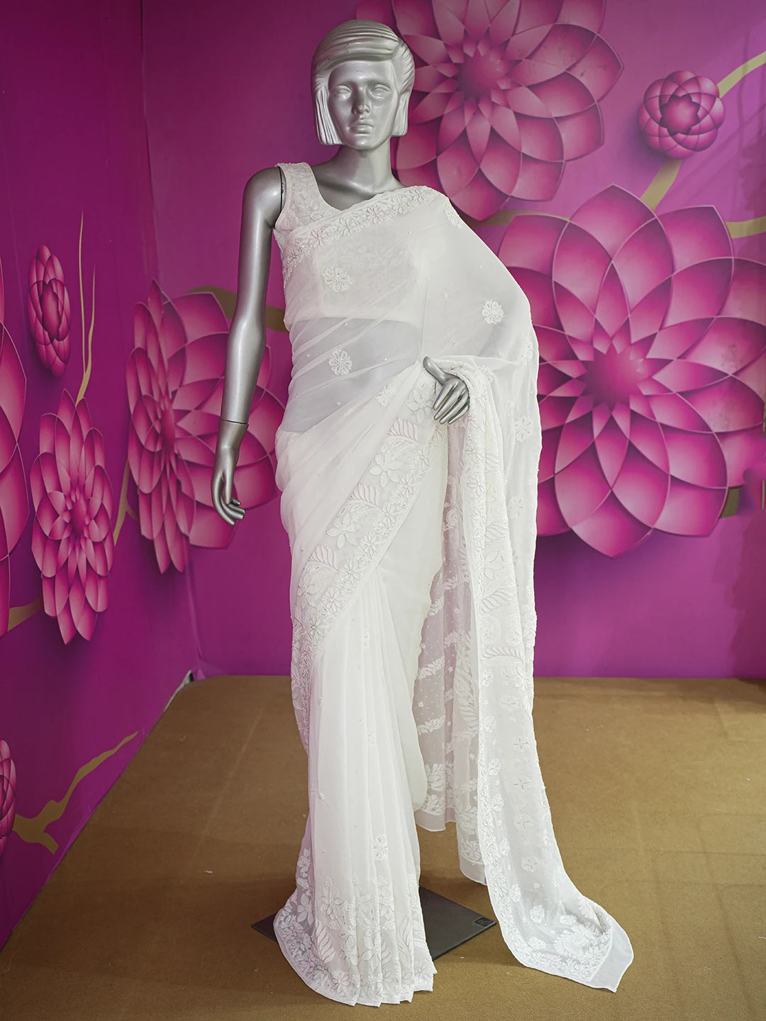 Ada Hand Embroidered Snow White Viscose Georgette Lucknowi Chikankari Saree With Blouse And Cutdana Work 01A273677