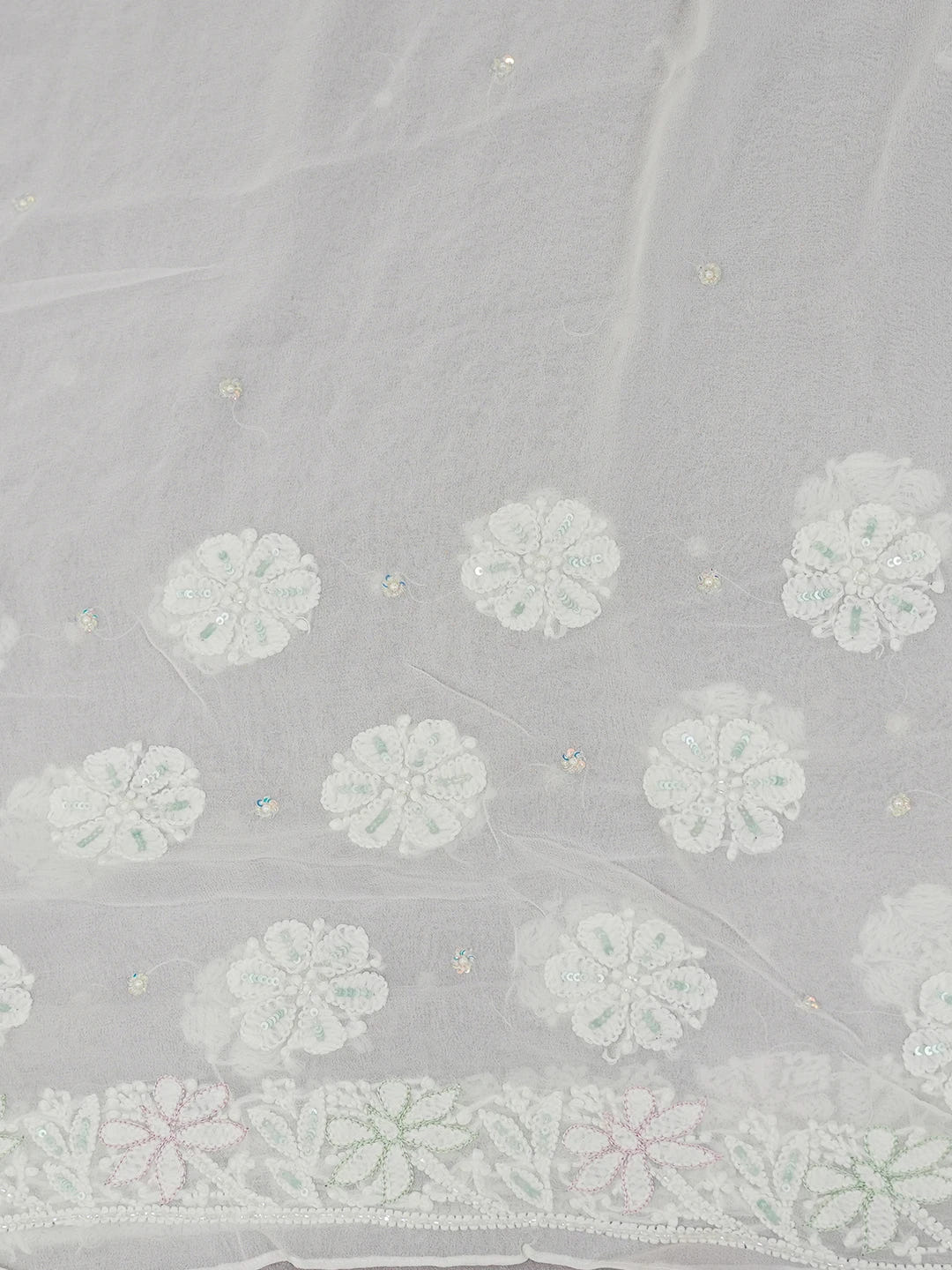 Ada Hand Embroidered Snow White Viscose Georgette Lucknowi Chikankari Saree With Blouse And Cutdana Work 01A273677