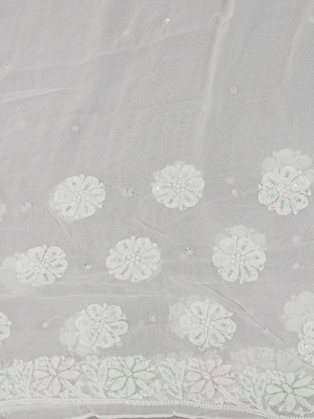 Ada Hand Embroidered Snow White Viscose Georgette Lucknowi Chikankari Saree With Blouse And Cutdana Work 01A273677