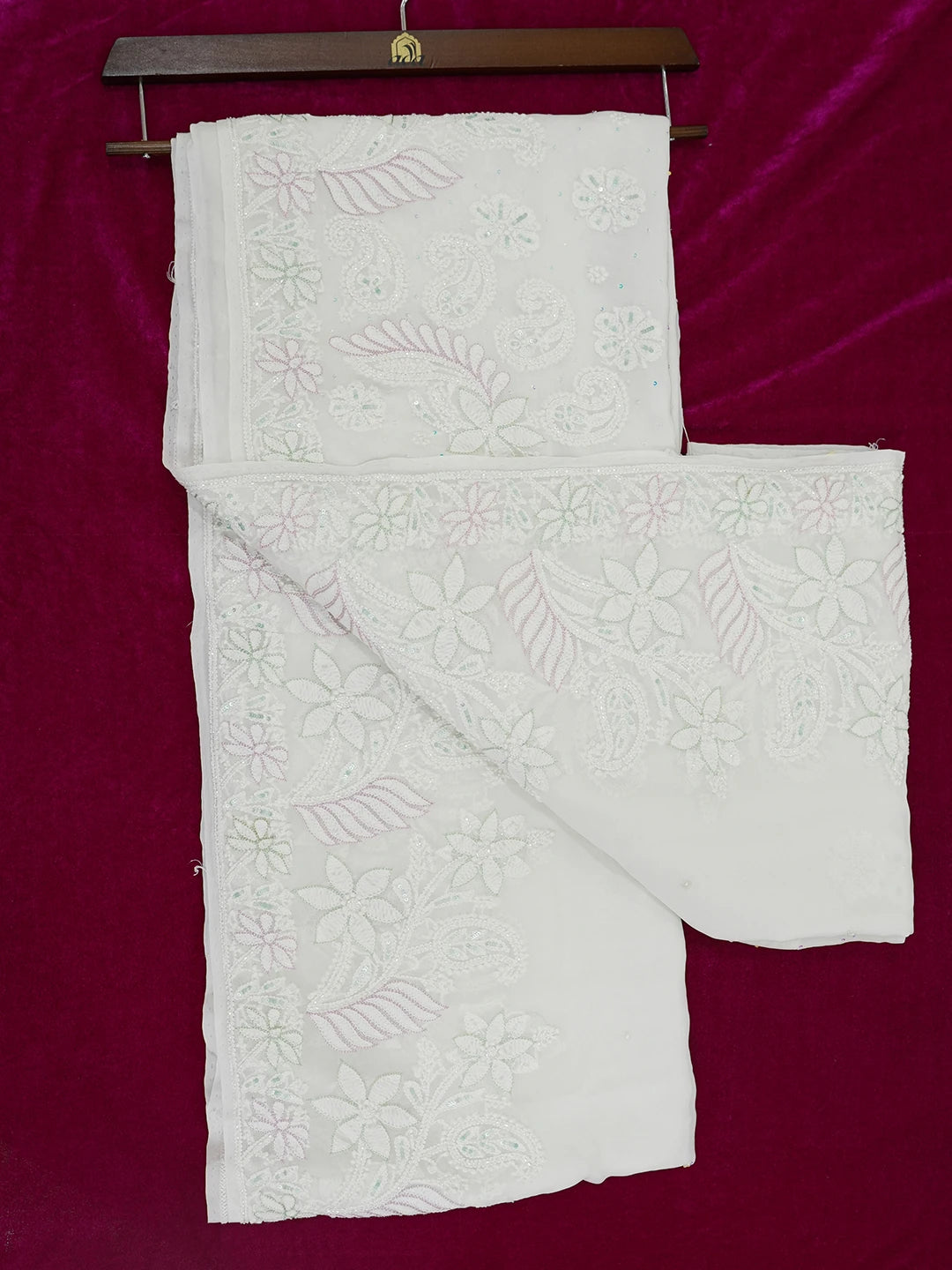 Ada Hand Embroidered Snow White Viscose Georgette Lucknowi Chikankari Saree With Blouse And Cutdana Work 01A273677