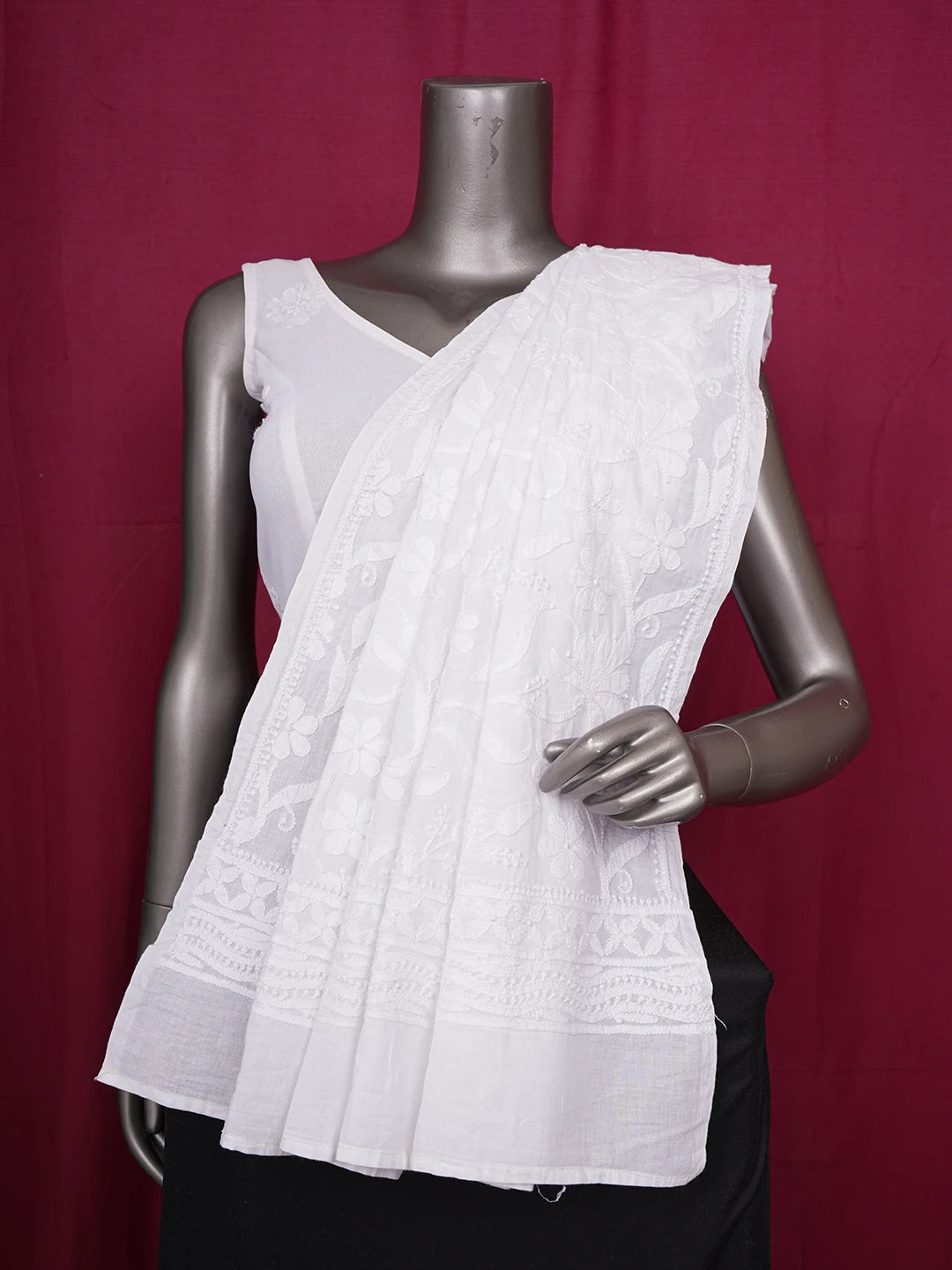 Ada Hand Embroidered White Cotton Lucknowi Chikankari Dupatta 01A627868