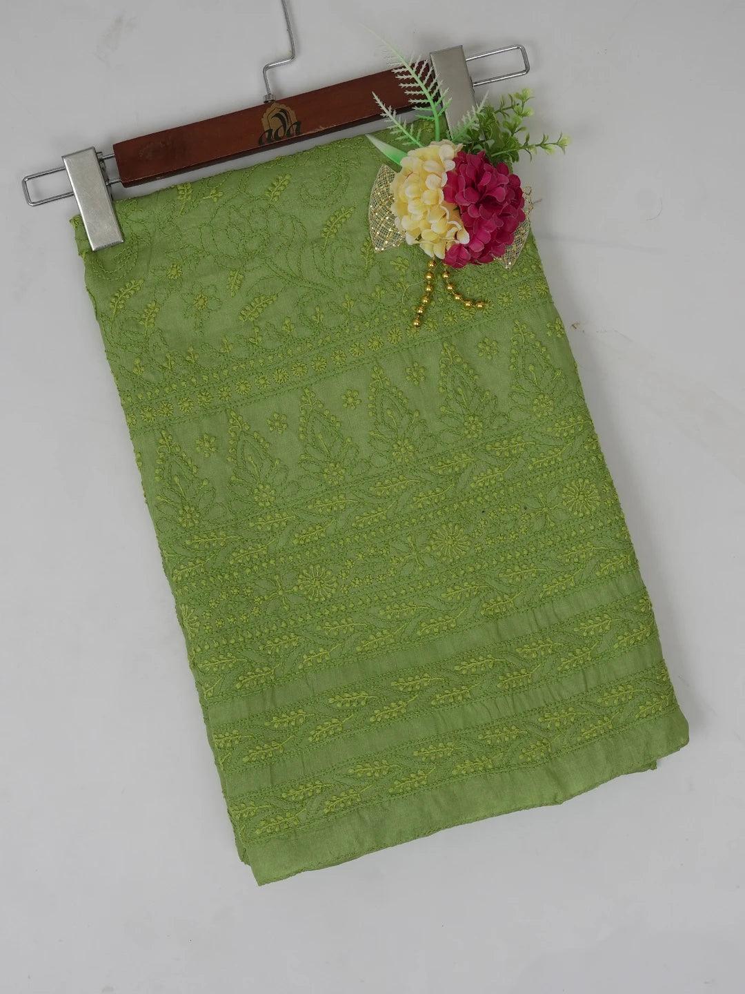 Ada Hand Embroidered Avocado Green Silk Lucknowi Chikankari Unstitched Kurta Piece 01A616303